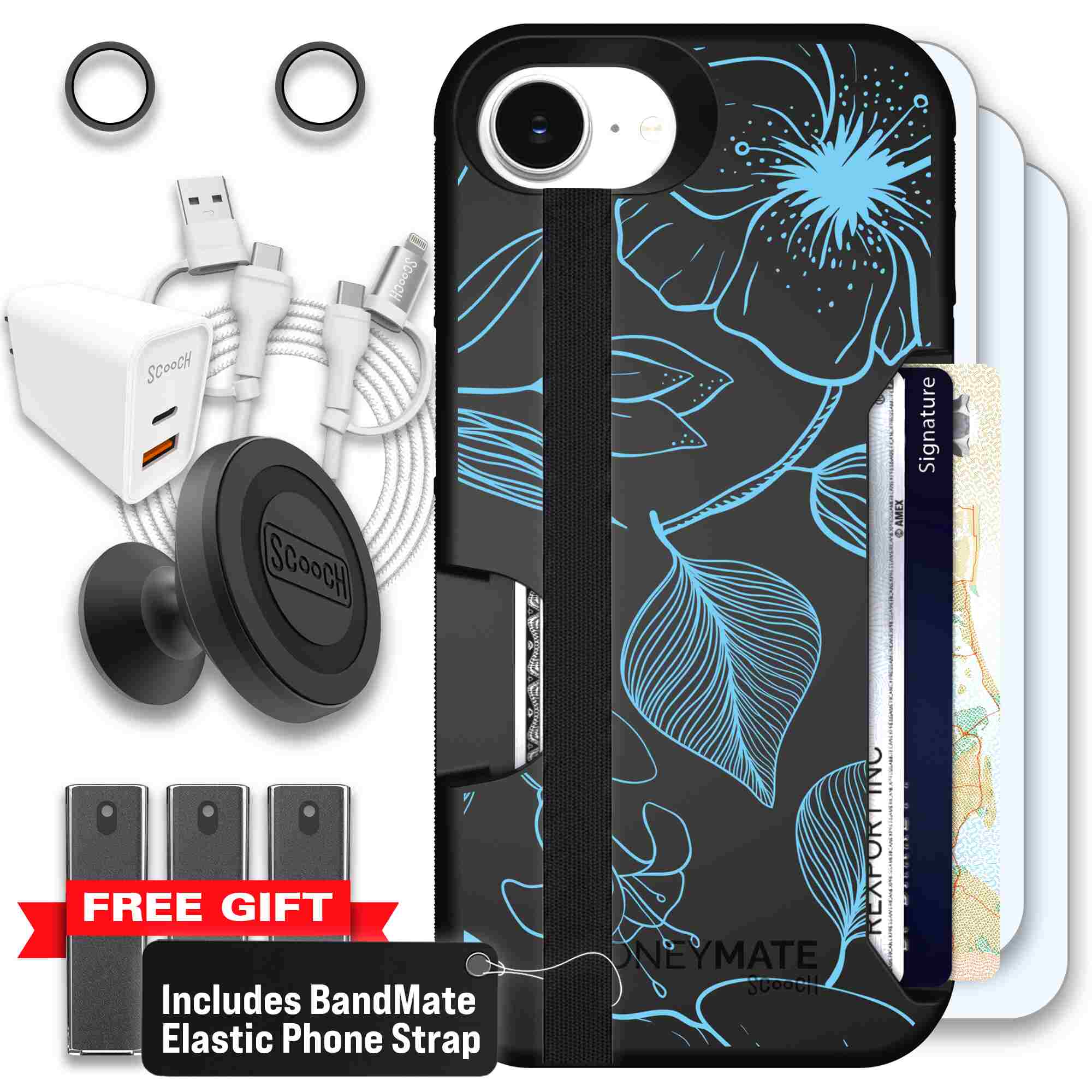 Blue Hibiscus cyan-blue tropical flower pattern on a charcoal Scooch Moneymate case for iPhone 17e - Ultimate Bundle