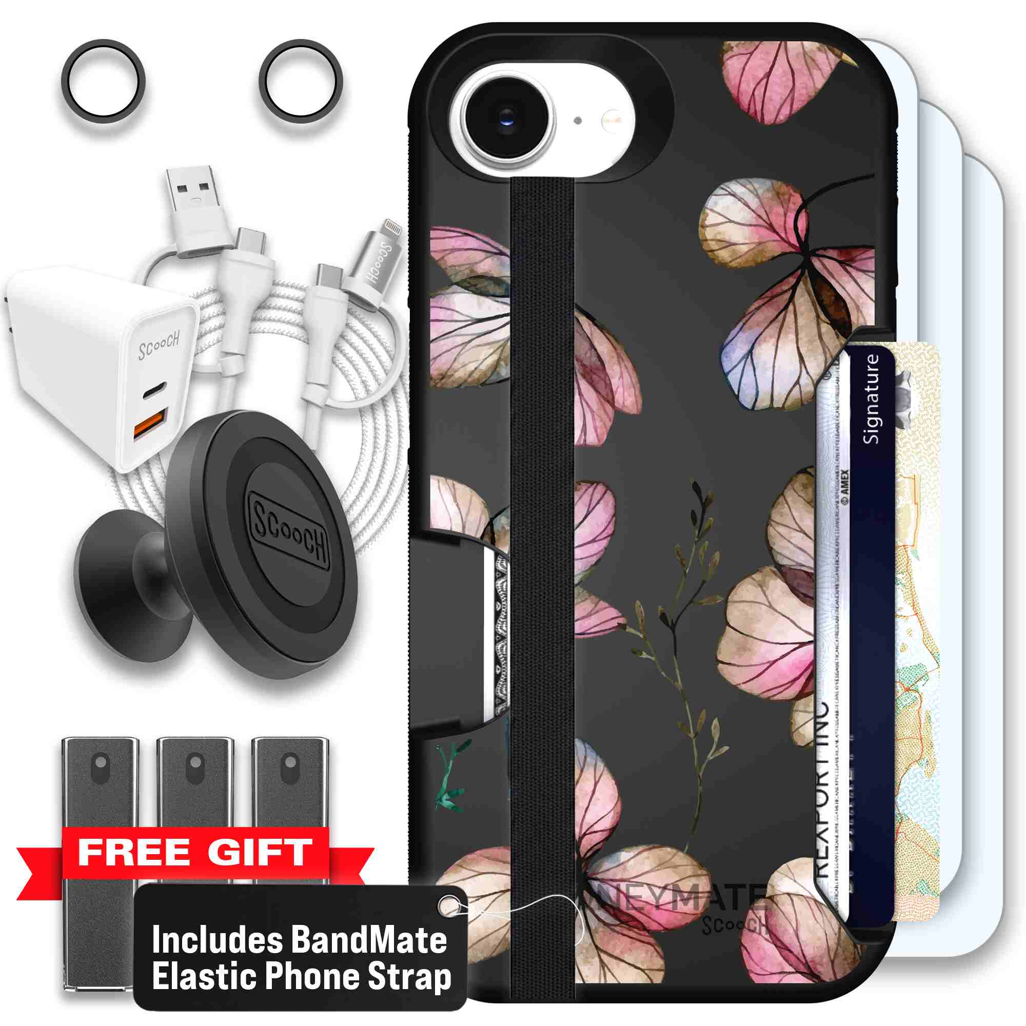 Dried Flowers blush mauve and cream floral pattern on a black Scooch Moneymate case for iPhone 17e - Ultimate Bundle