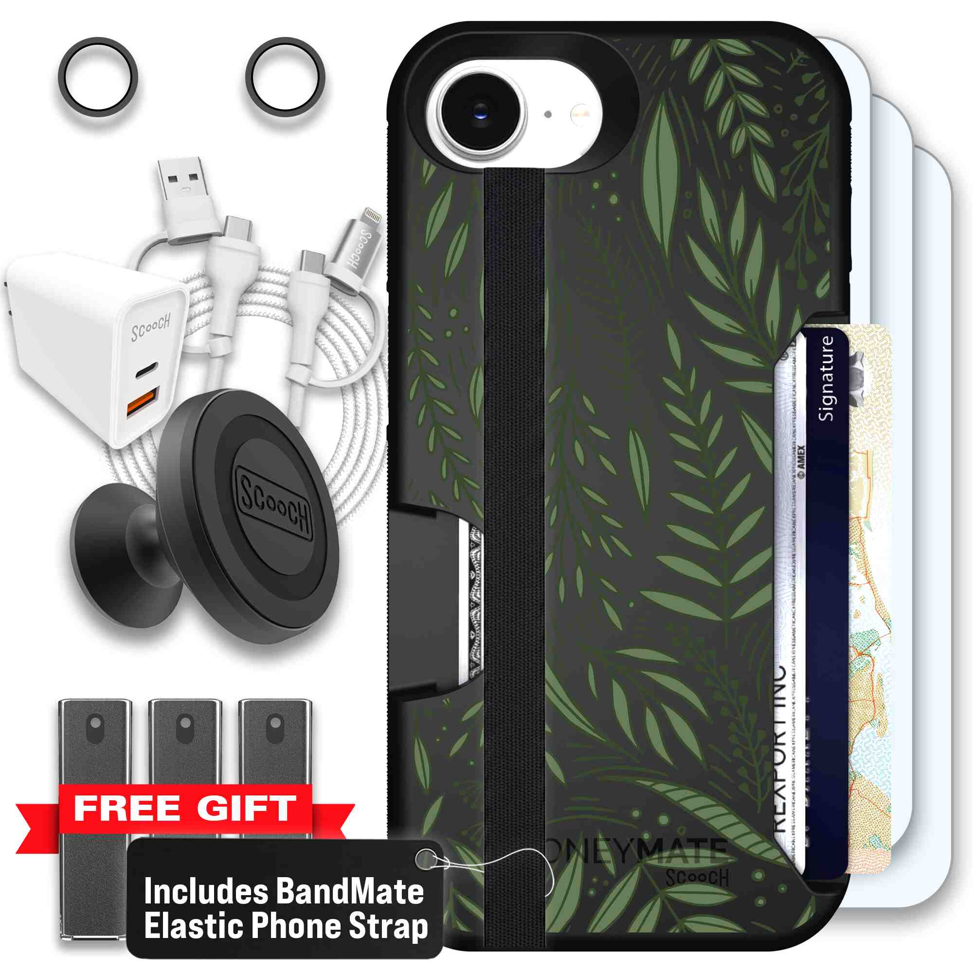 Willow Garden layered green leaves and branches on a charcoal Scooch Moneymate case for iPhone 17e - Ultimate Bundle
