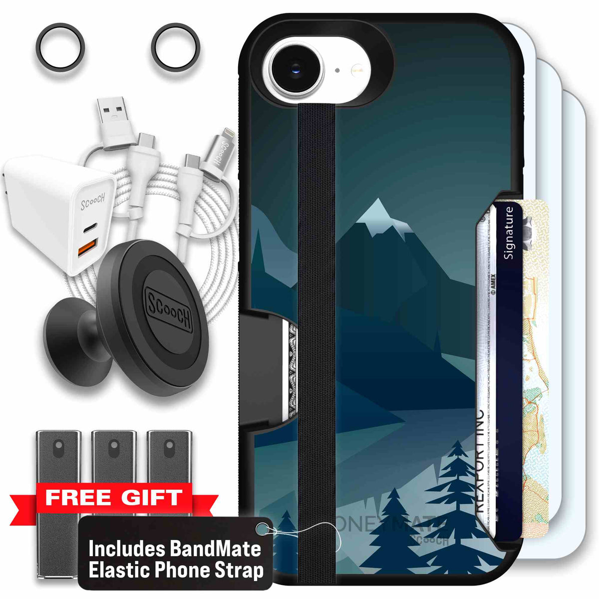Midnight Ridge layered blue mountains and evergreen trees on a Scooch Moneymate case for iPhone 17e - Ultimate Bundle