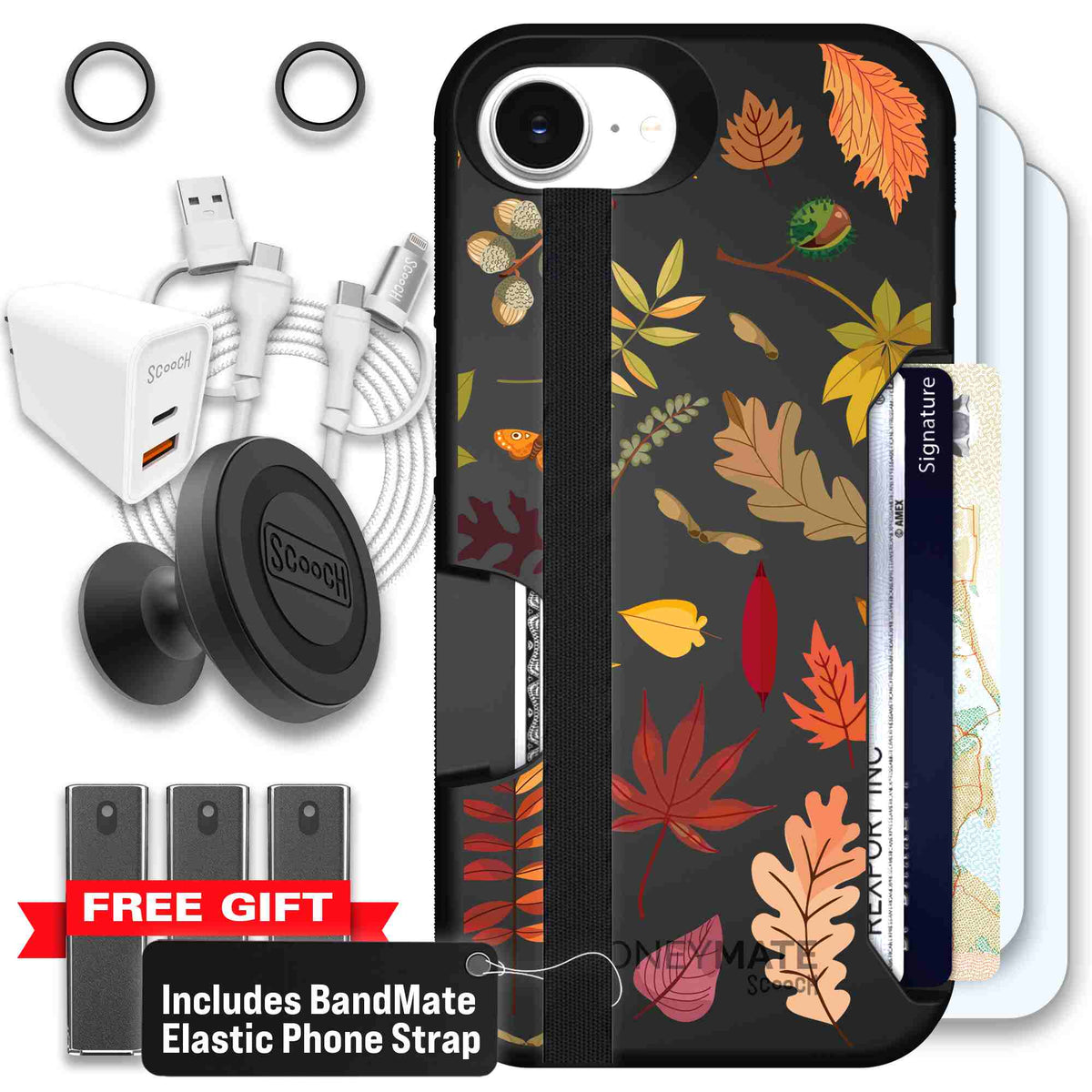 Autumn Leaves multicolored fall foliage pattern on a charcoal Scooch Moneymate case for iPhone 17e - Ultimate Bundle
