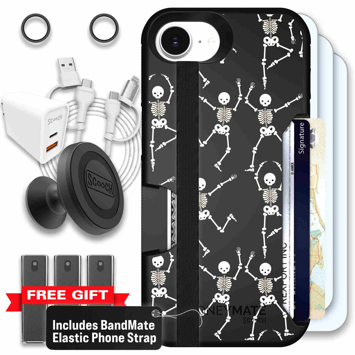 Swinging Skeletons white dancing skeleton pattern on a black Scooch Moneymate case for iPhone 17e - Ultimate Bundle