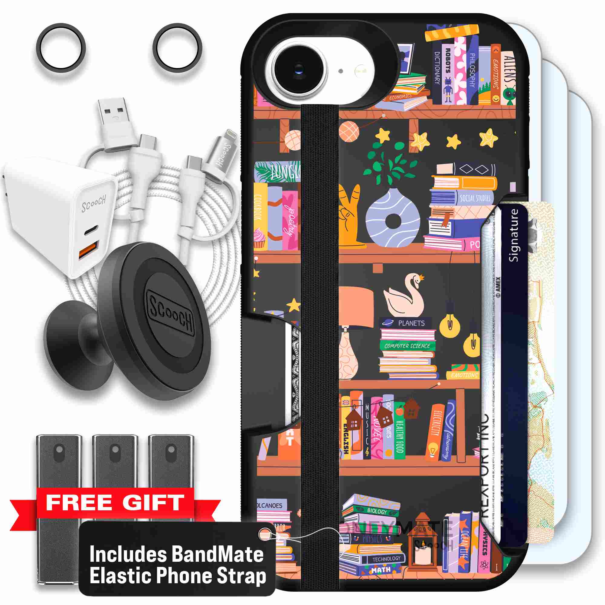 Little Library colorful book and bookshelf pattern on a Scooch Moneymate case for iPhone 17e - Ultimate Bundle