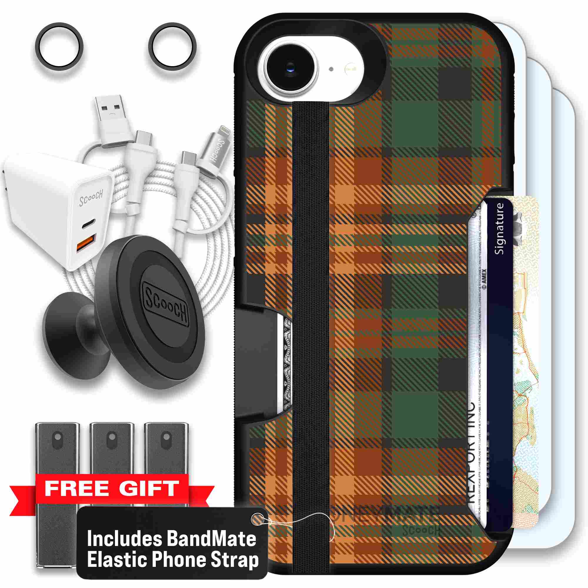 Fall Flannel orange and brown plaid pattern on a Scooch Moneymate case for iPhone 17e - Ultimate Bundle