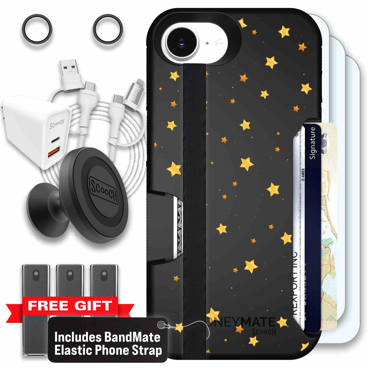 Gold Stars yellow and gold star pattern on a charcoal Scooch Moneymate case for iPhone 17e - Ultimate Bundle