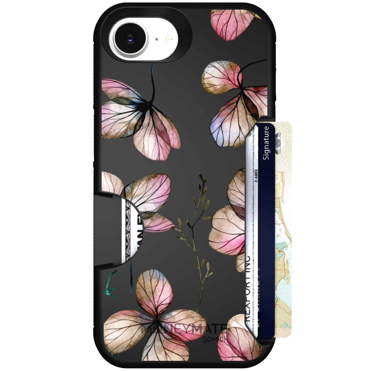 Dried Flowers blush mauve and cream floral pattern on a black Scooch Moneymate case for iPhone 17e