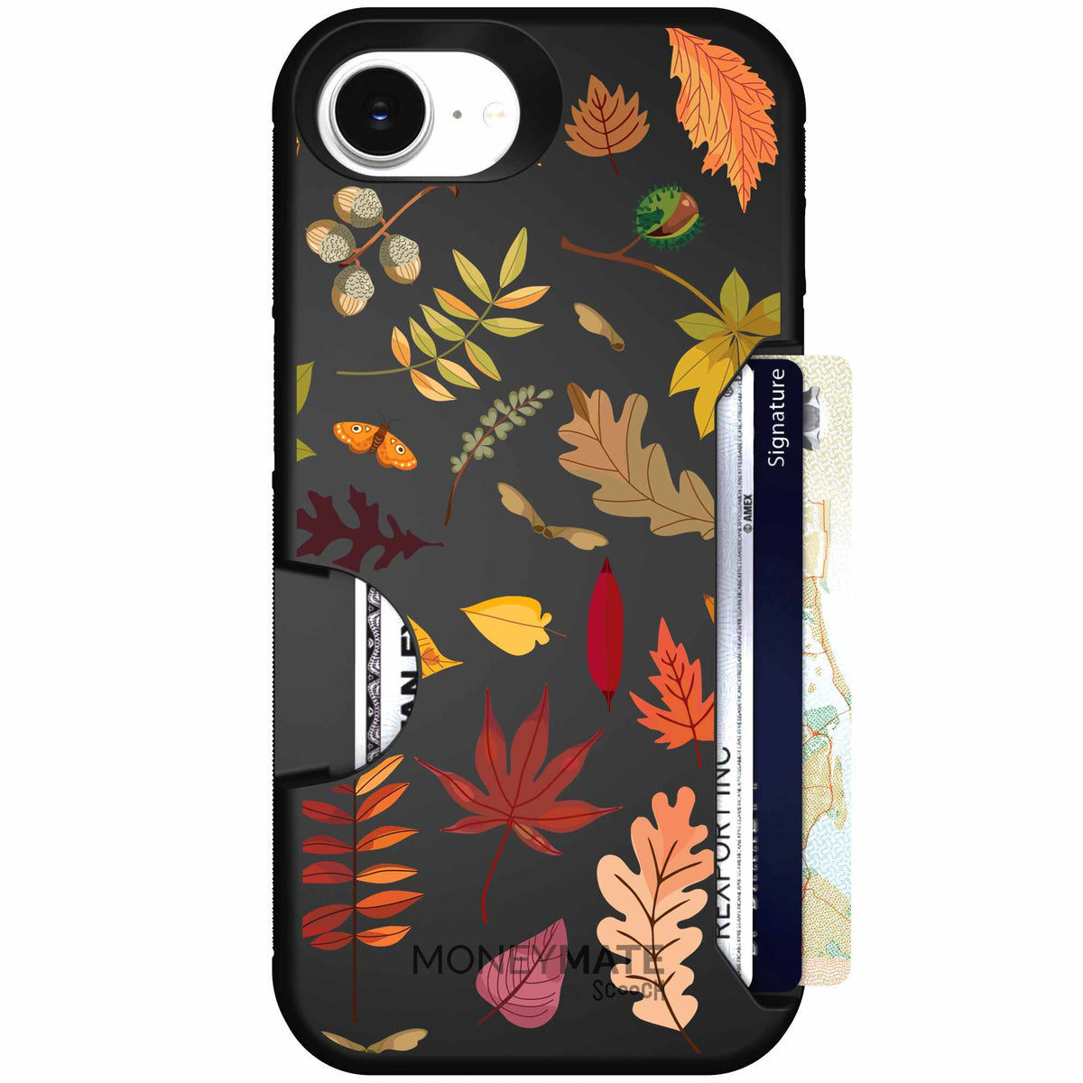 Autumn Leaves multicolored fall foliage pattern on a charcoal Scooch Moneymate case for iPhone 17e