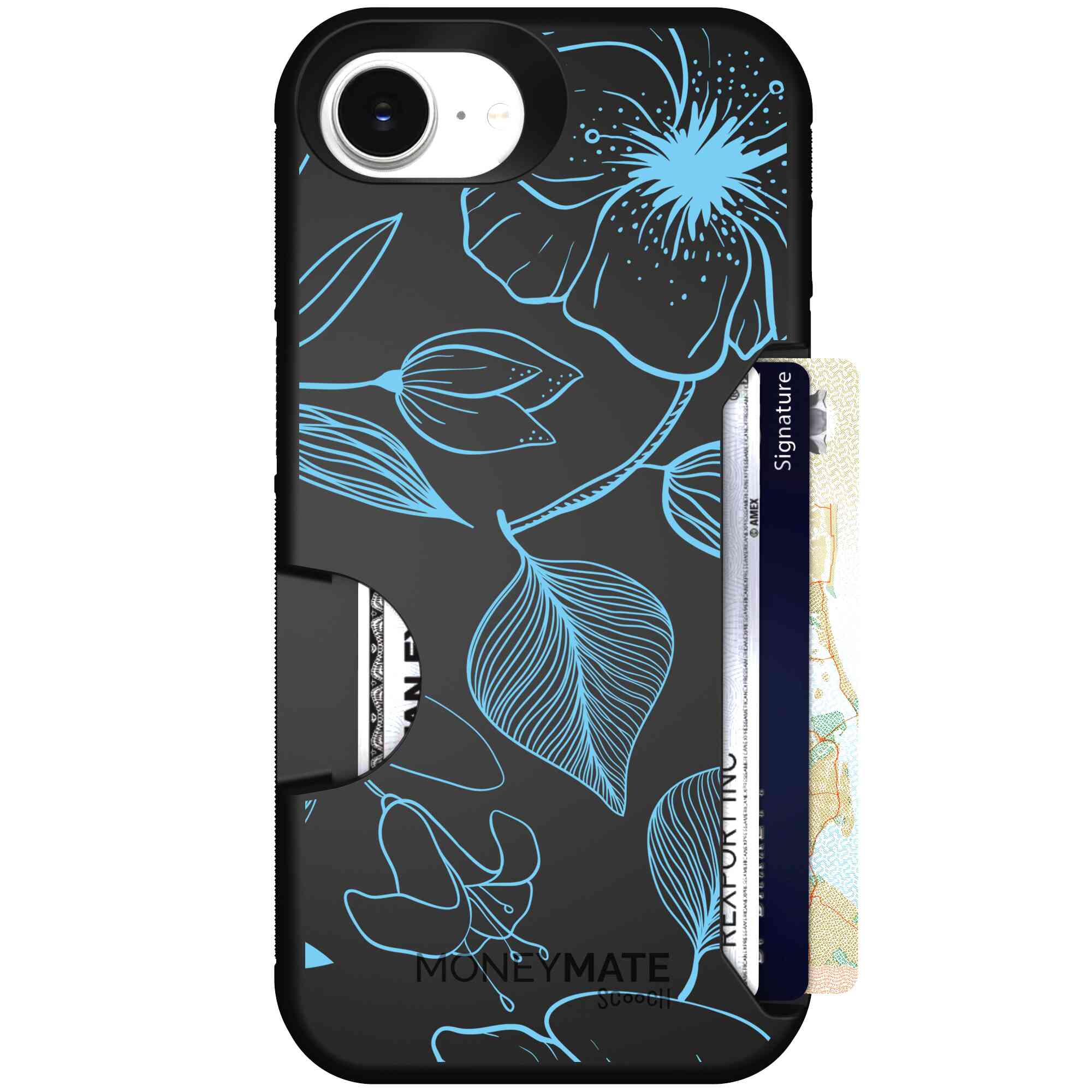 Blue Hibiscus cyan-blue tropical flower pattern on a charcoal Scooch Moneymate case for iPhone 17e
