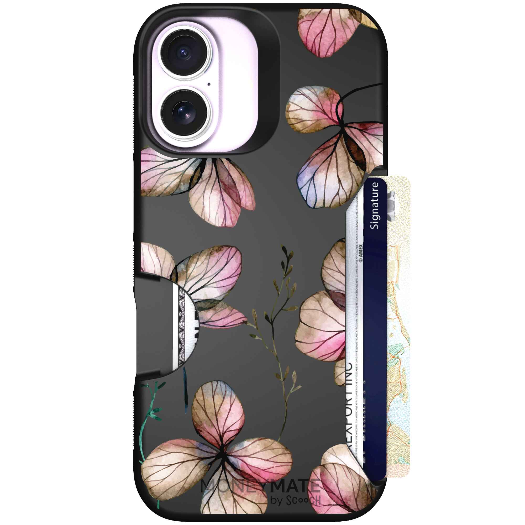 Dried Flowers blush mauve and cream floral pattern on a black Scooch Moneymate case for iPhone 17