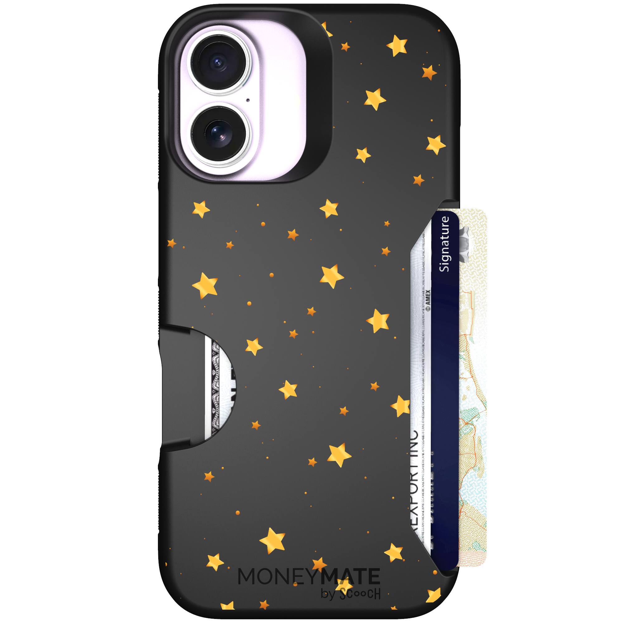 Gold Stars yellow and gold star pattern on a charcoal Scooch Moneymate case for iPhone 17