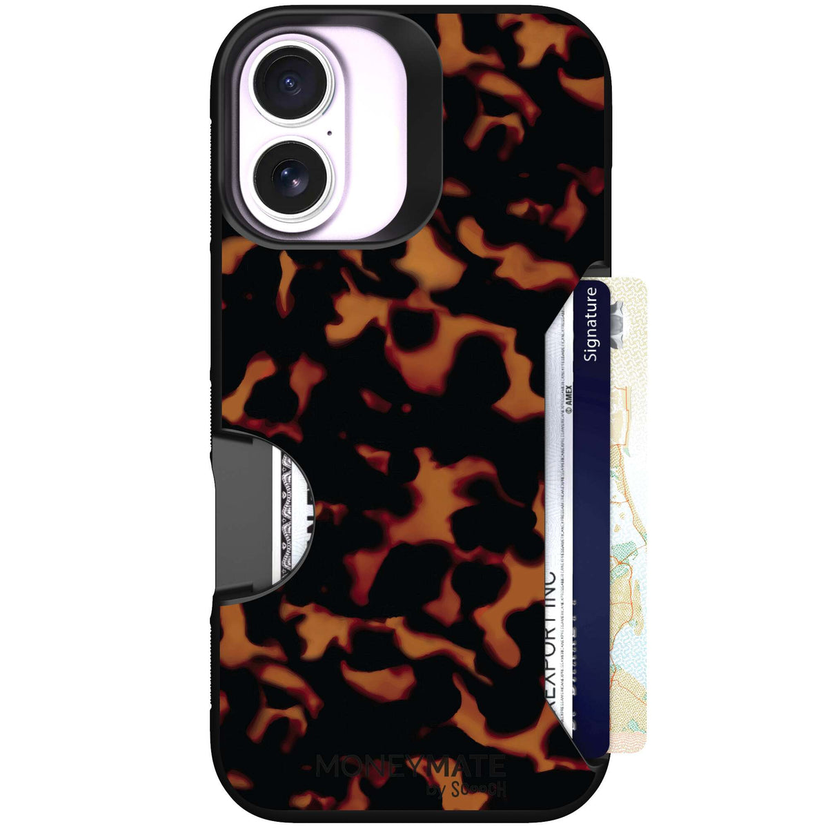 Tortoise Shell amber brown and black mottled pattern on a Scooch Moneymate case for iPhone 17