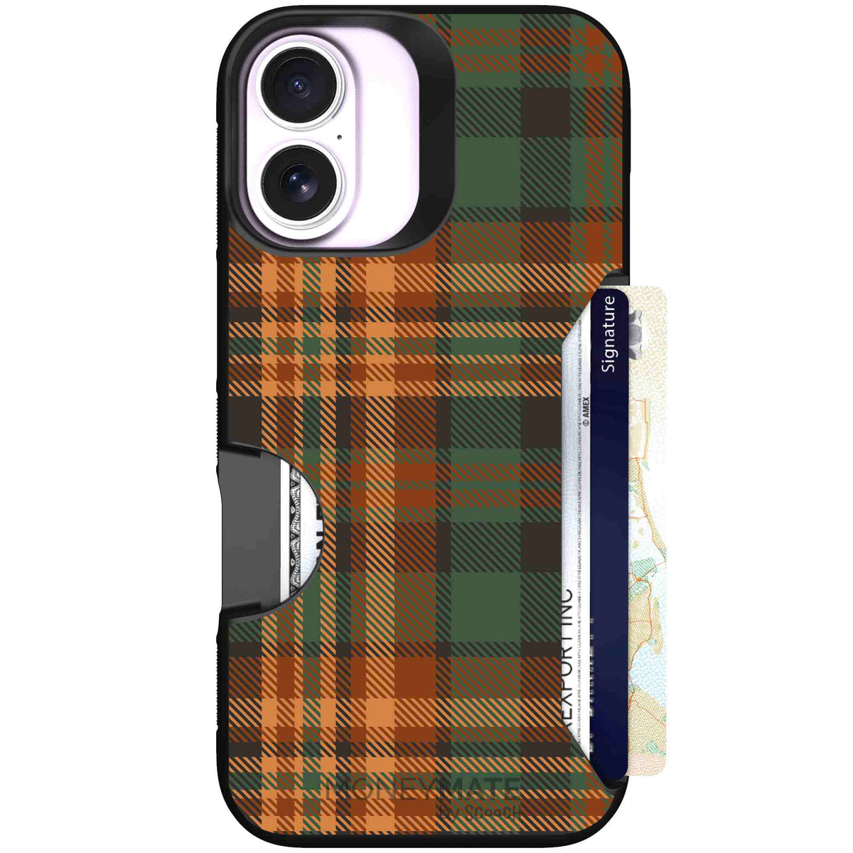 Fall Flannel orange and brown plaid pattern on a Scooch Moneymate case for iPhone 17