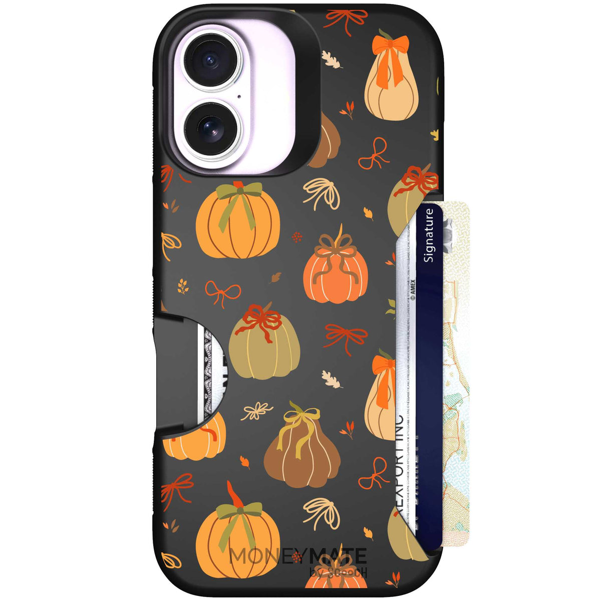 Pretty Pumpkins orange pumpkin and bow pattern on a Scooch Moneymate case for iPhone 17