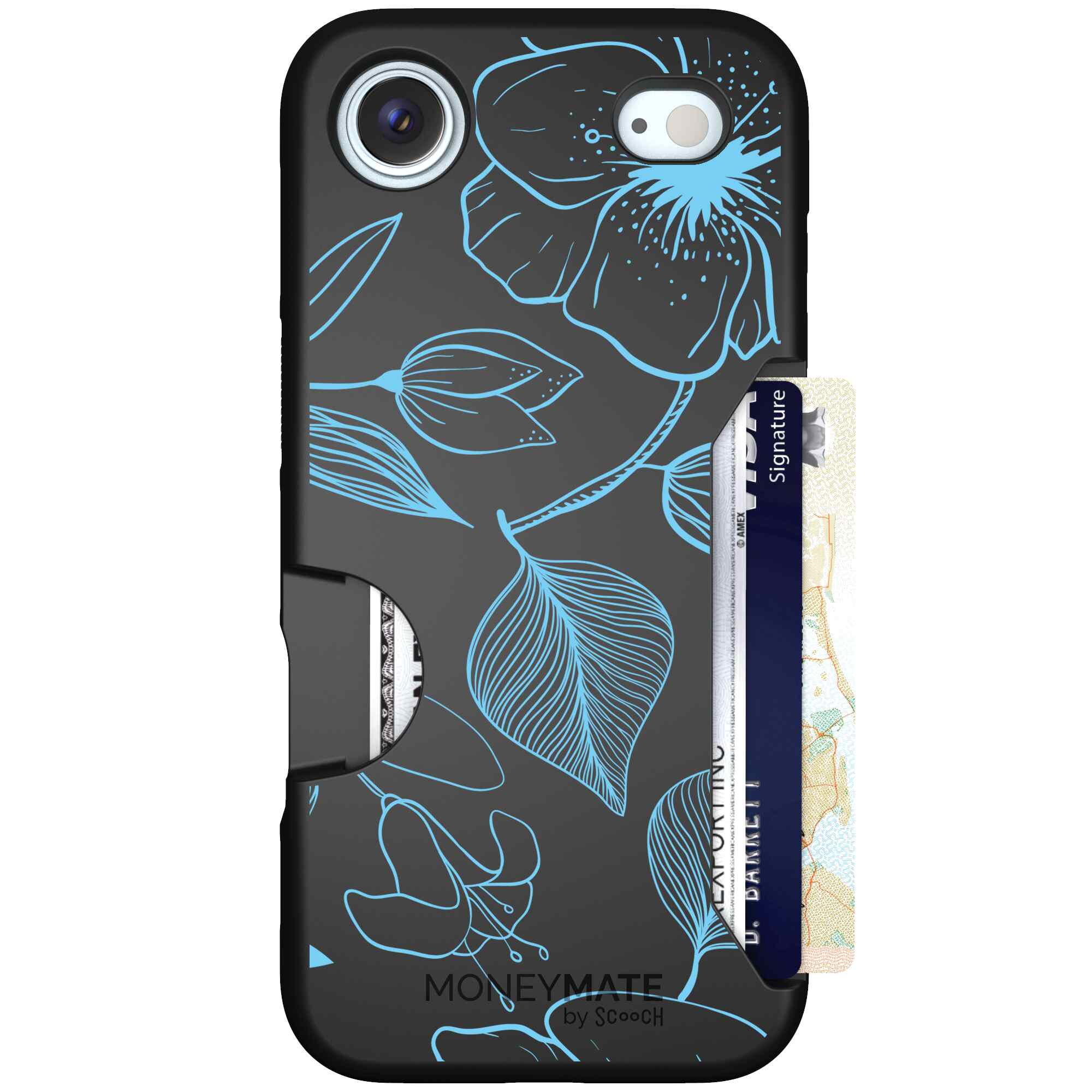 Blue Hibiscus cyan-blue tropical flower pattern on a charcoal Scooch Moneymate case for iPhone Air