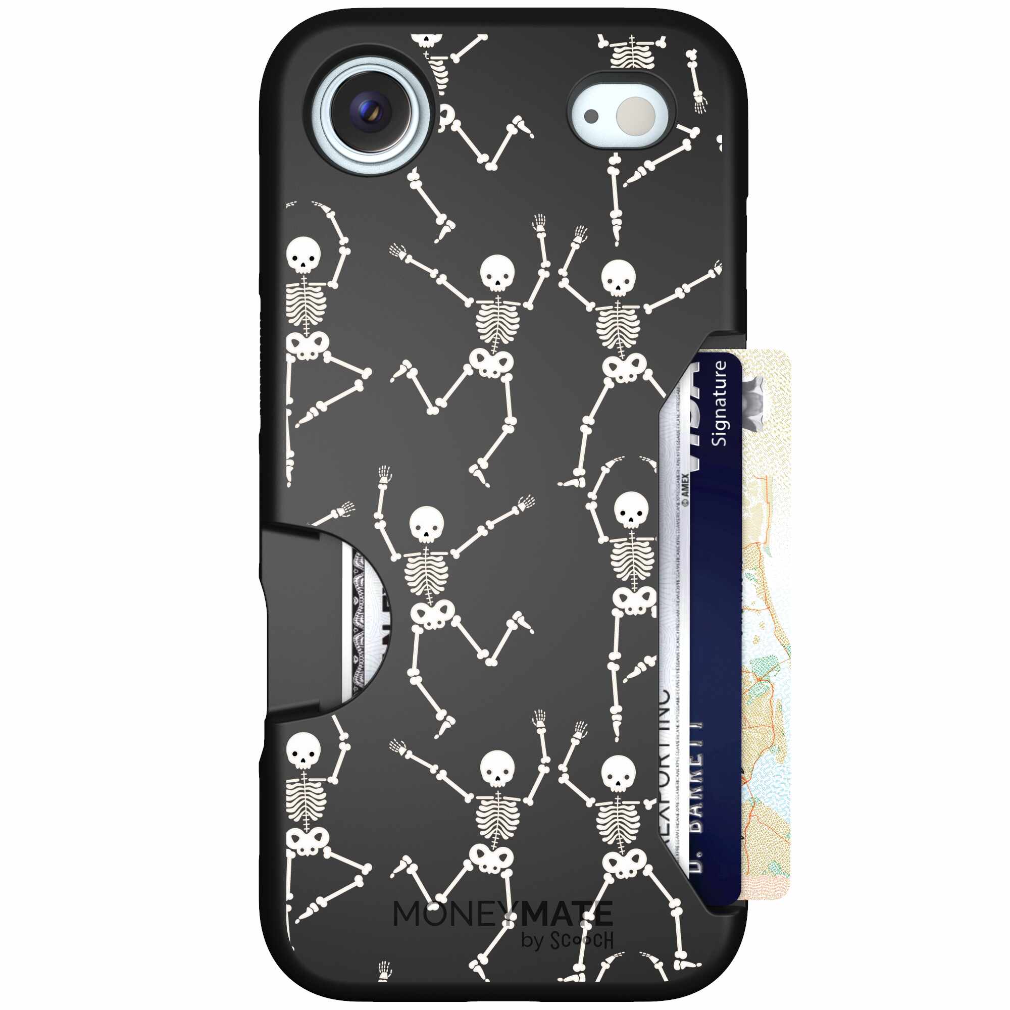 Swinging Skeletons white dancing skeleton pattern on a black Scooch Moneymate case for iPhone Air