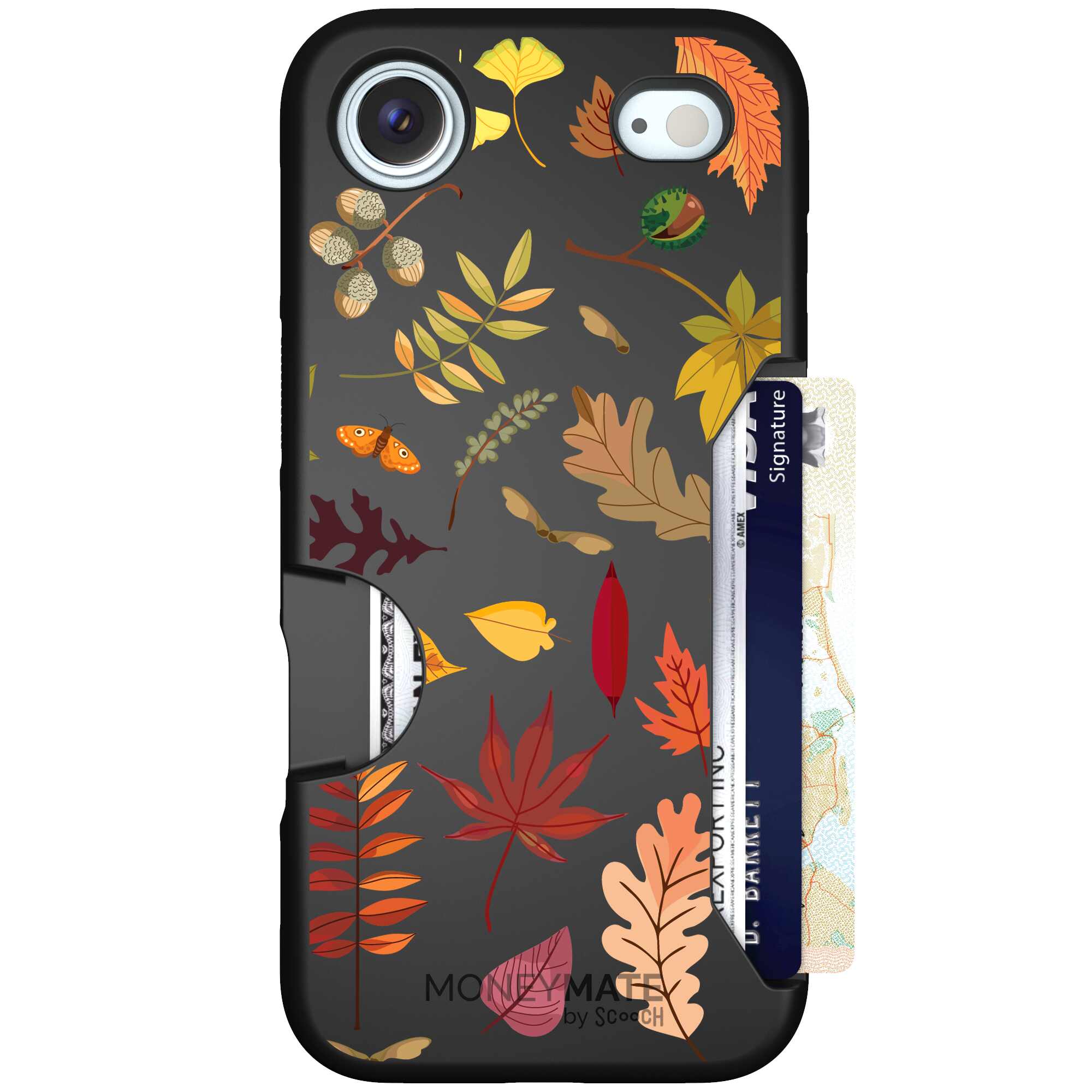 Autumn Leaves multicolored fall foliage pattern on a charcoal Scooch Moneymate case for iPhone Air