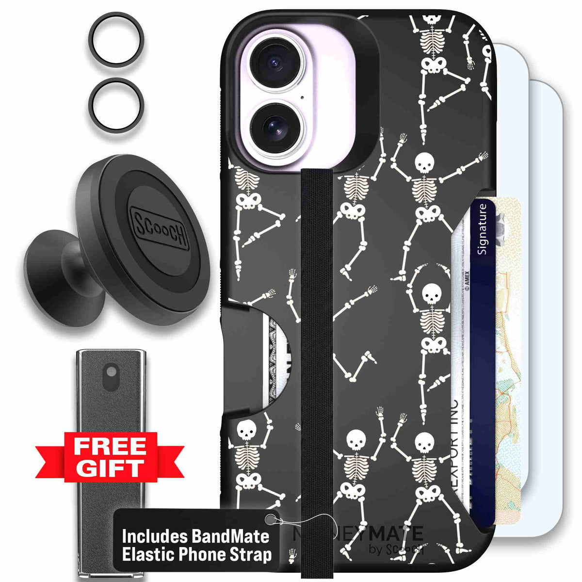 Swinging Skeletons white dancing skeleton pattern on a black Scooch Moneymate case for iPhone 17 - Defender Bundle