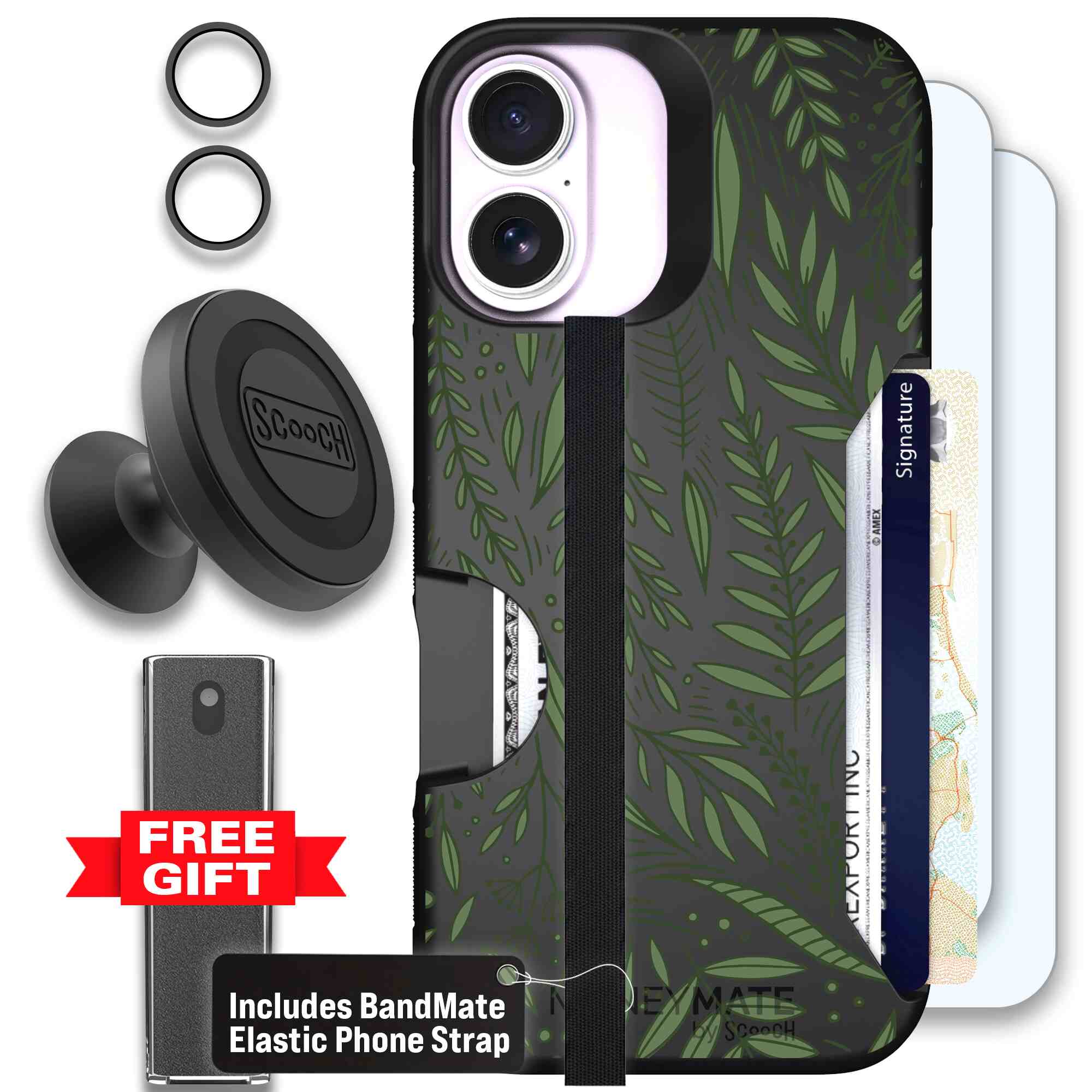 Willow Garden layered green leaves and branches on a charcoal Scooch Moneymate case for iPhone 17 - Defender Bundle