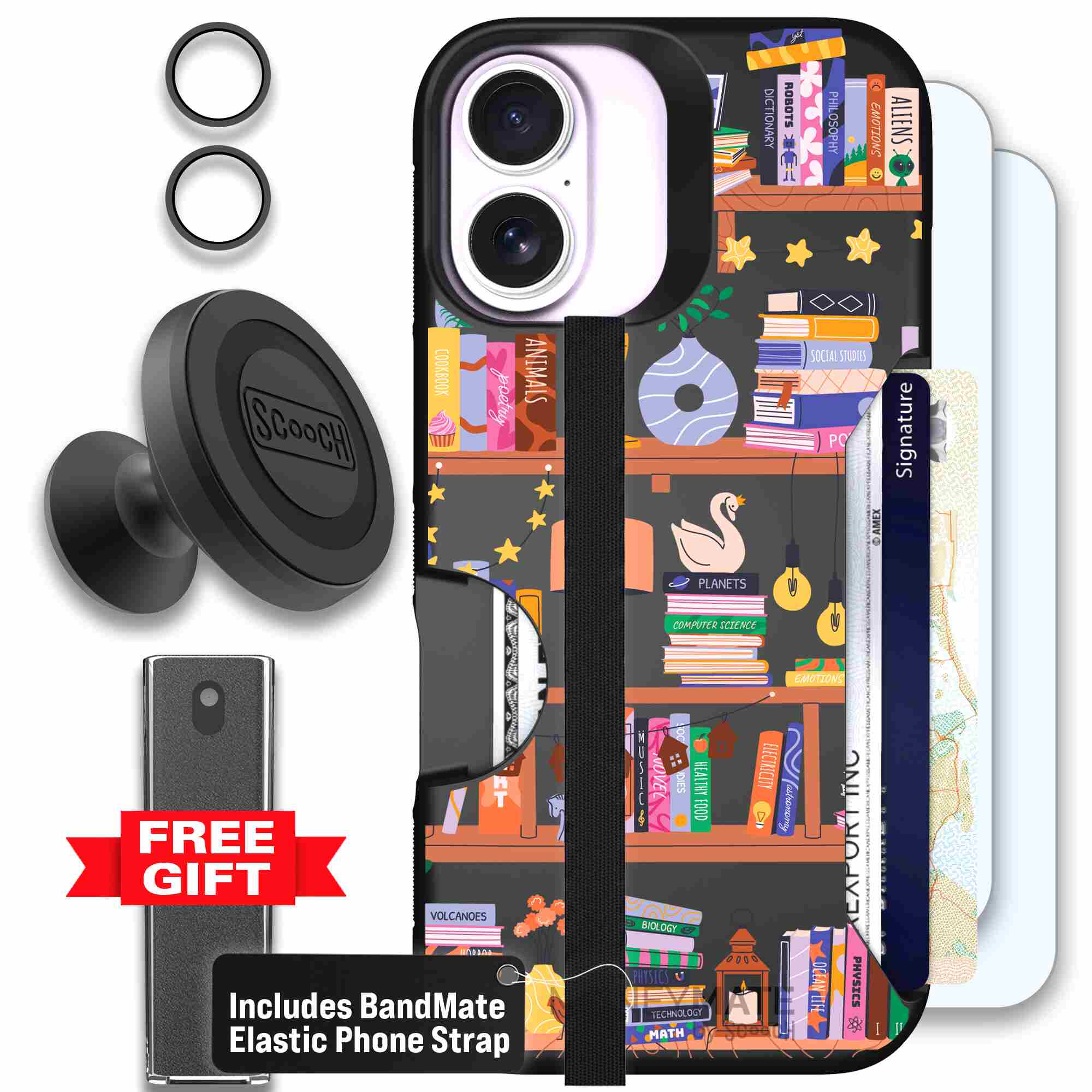 Little Library colorful book and bookshelf pattern on a Scooch Moneymate case for iPhone 17 - Defender Bundle