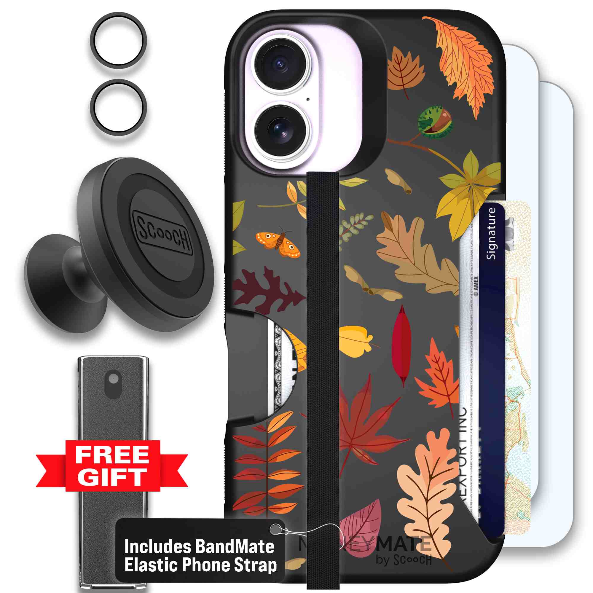 Autumn Leaves multicolored fall foliage pattern on a charcoal Scooch Moneymate case for iPhone 17 - Defender Bundle