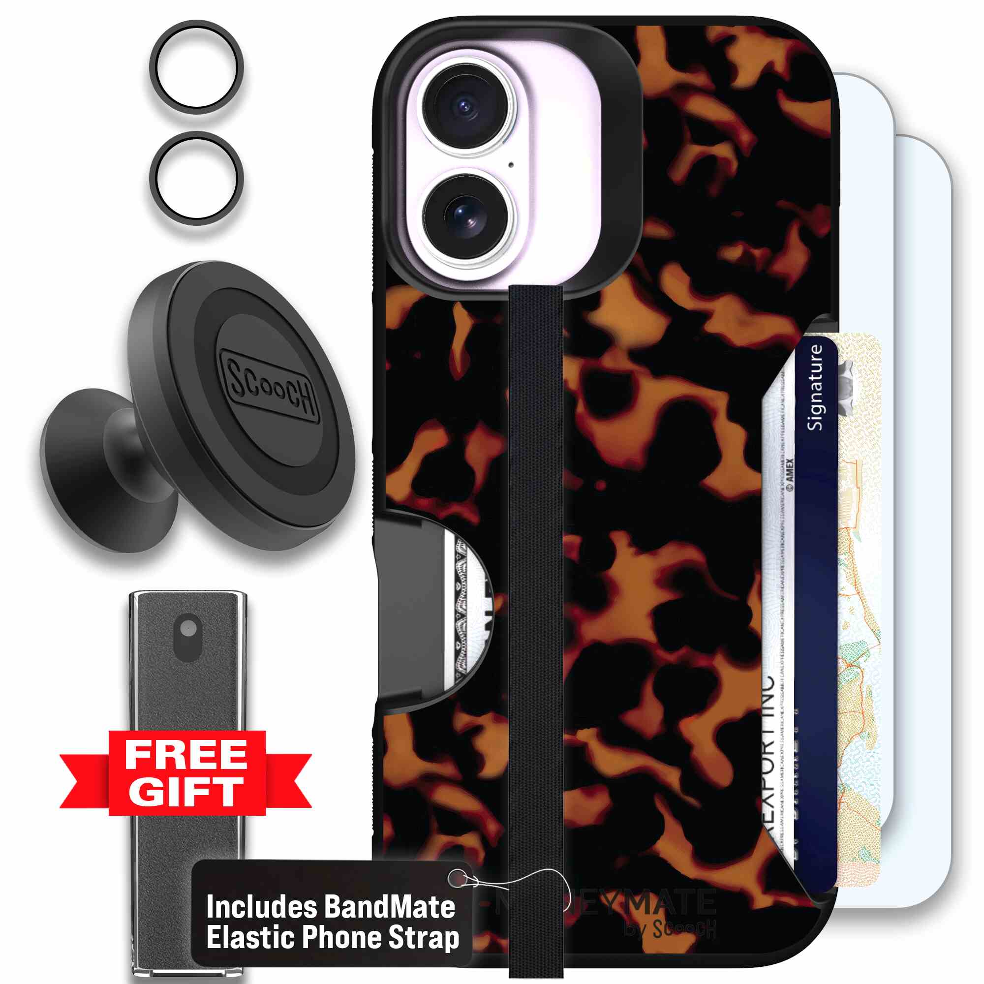 Tortoise Shell amber brown and black mottled pattern on a Scooch Moneymate case for iPhone 17 - Defender Bundle