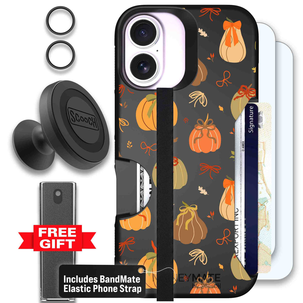 Pretty Pumpkins orange pumpkin and bow pattern on a Scooch Moneymate case for iPhone 17 - Defender Bundle
