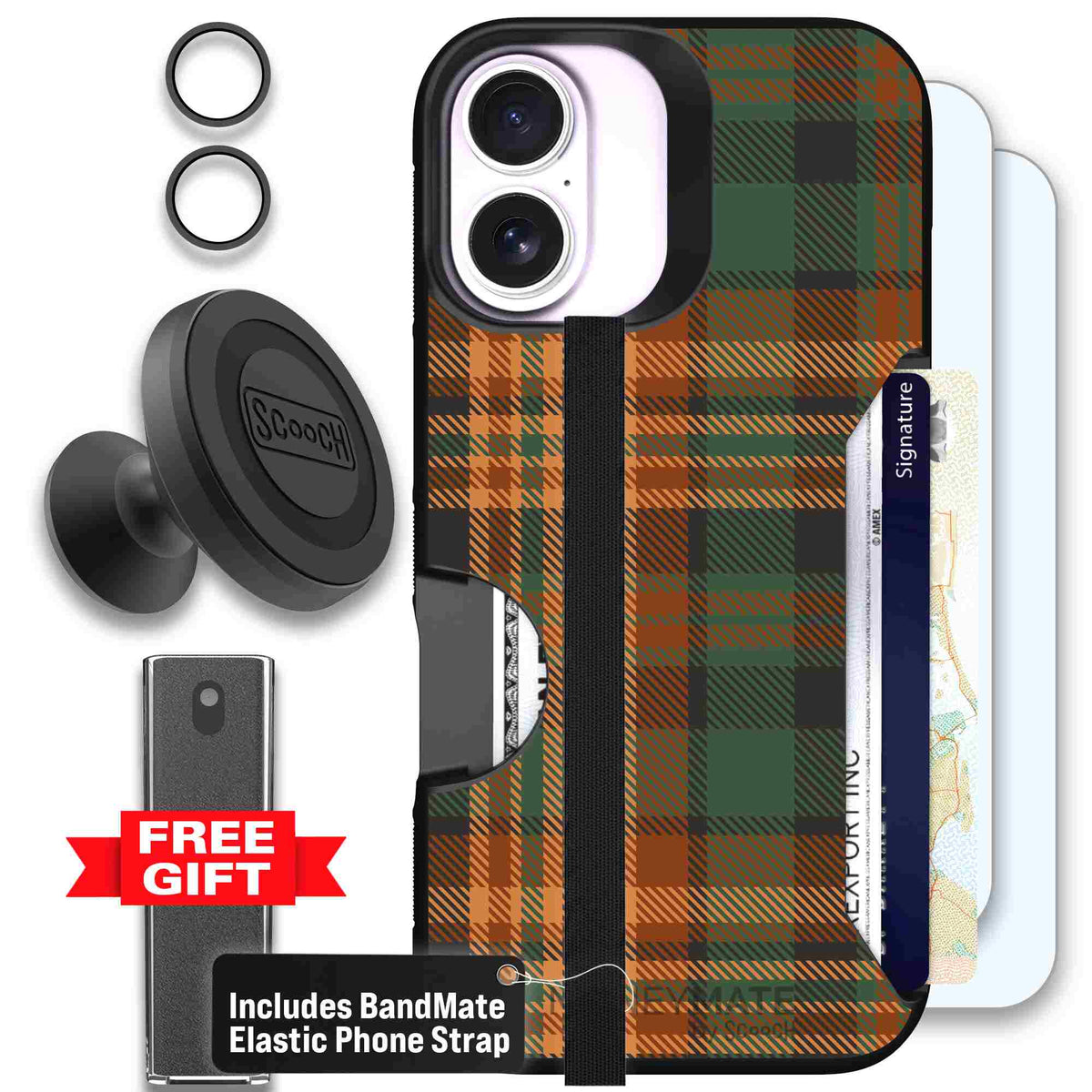 Fall Flannel orange and brown plaid pattern on a Scooch Moneymate case for iPhone 17 - Defender Bundle