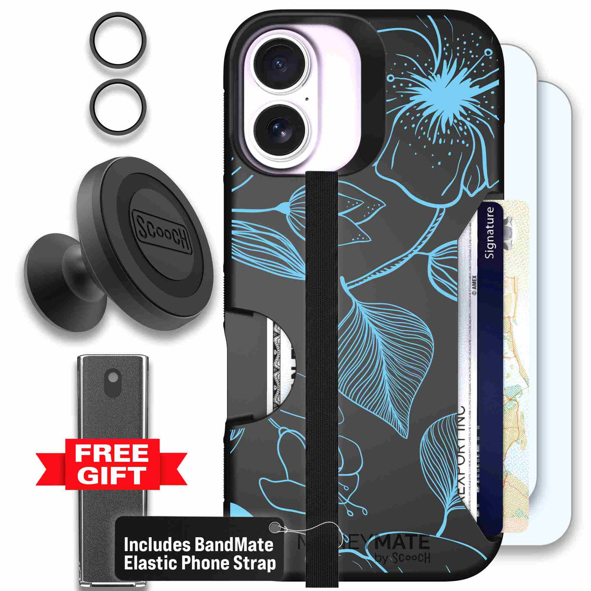 Blue Hibiscus cyan-blue tropical flower pattern on a charcoal Scooch Moneymate case for iPhone 17 - Defender Bundle