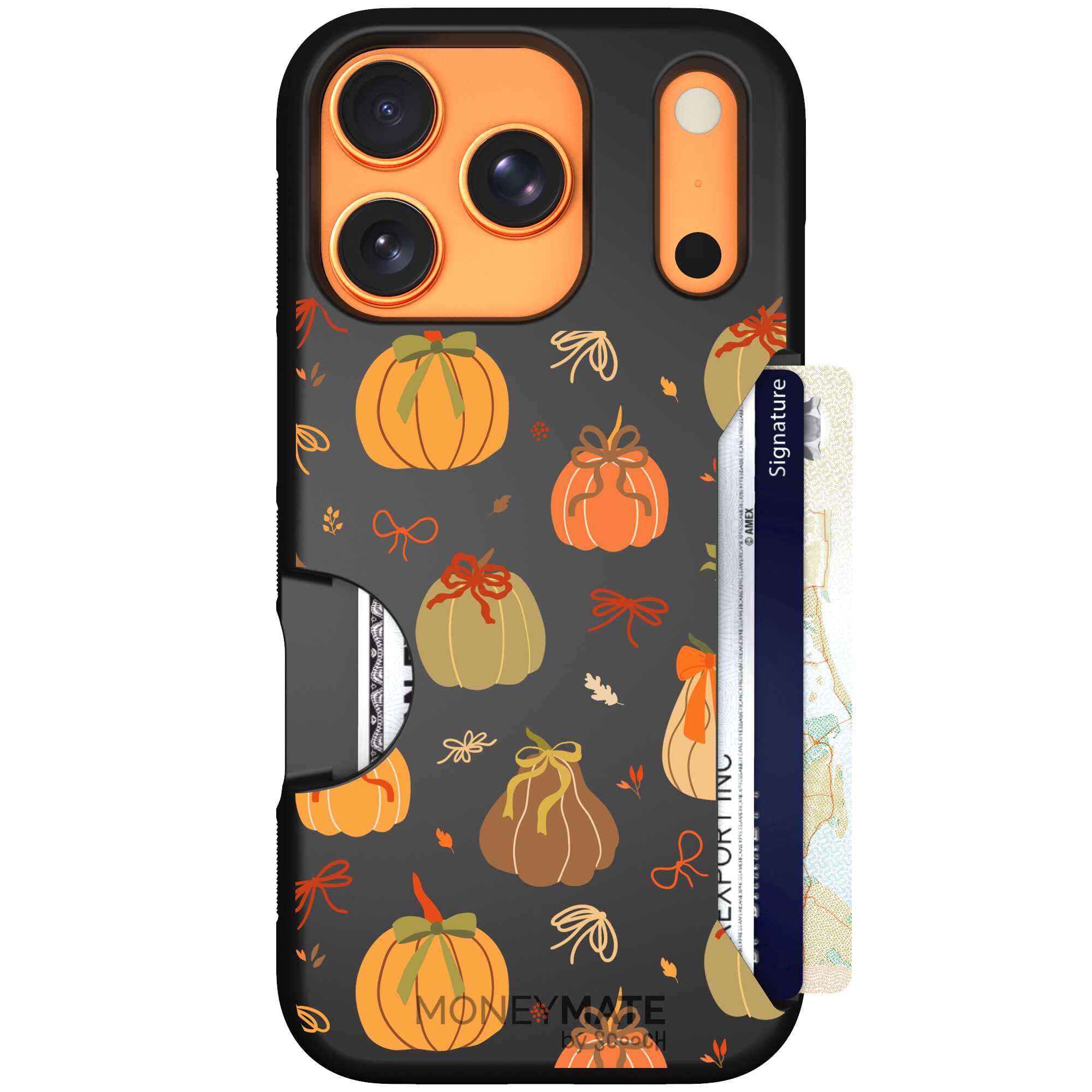 Pretty Pumpkins orange pumpkin and bow pattern on a Scooch Moneymate case for iPhone 17 Pro