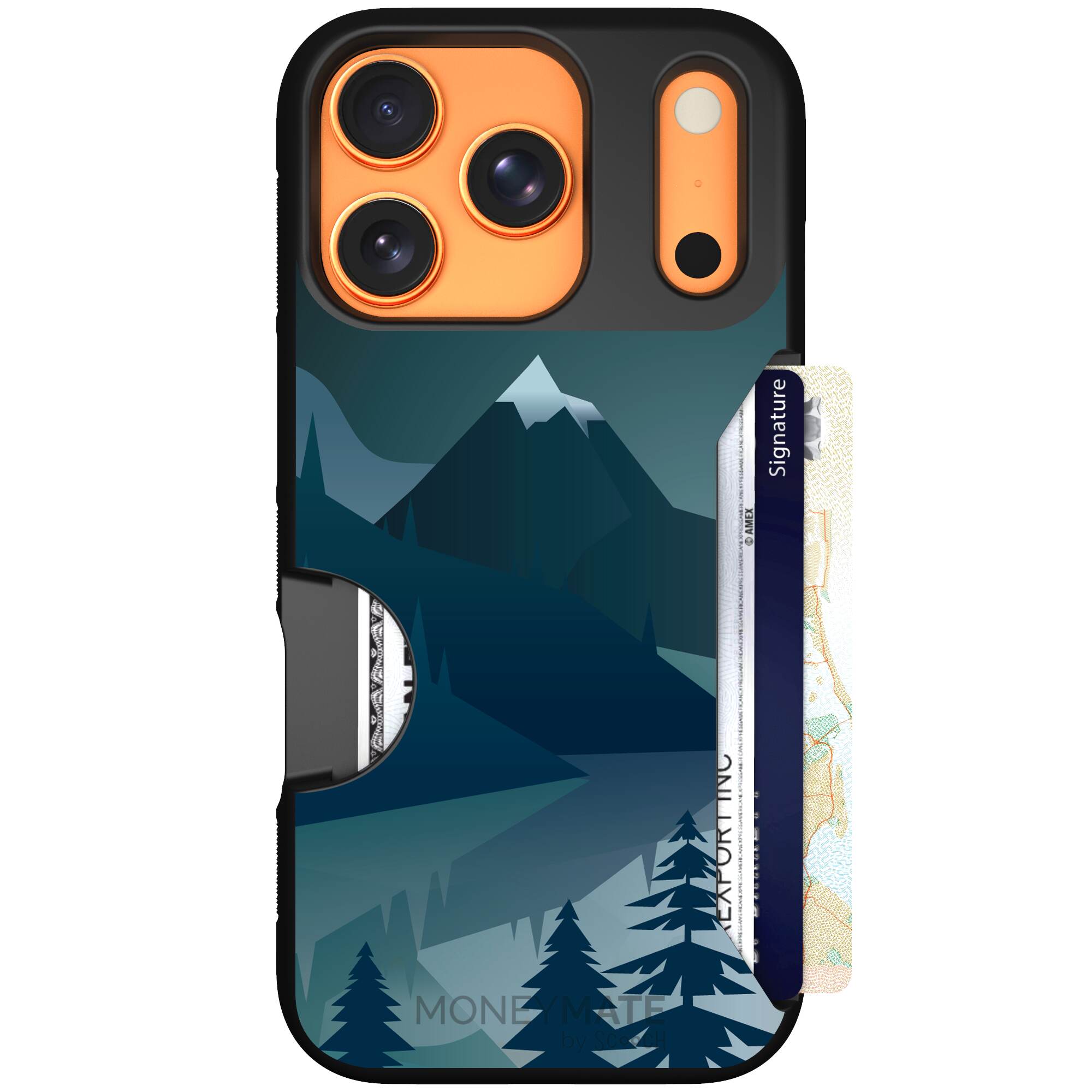 Midnight Ridge layered blue mountains and evergreen trees on a Scooch Moneymate case for iPhone 17 Pro