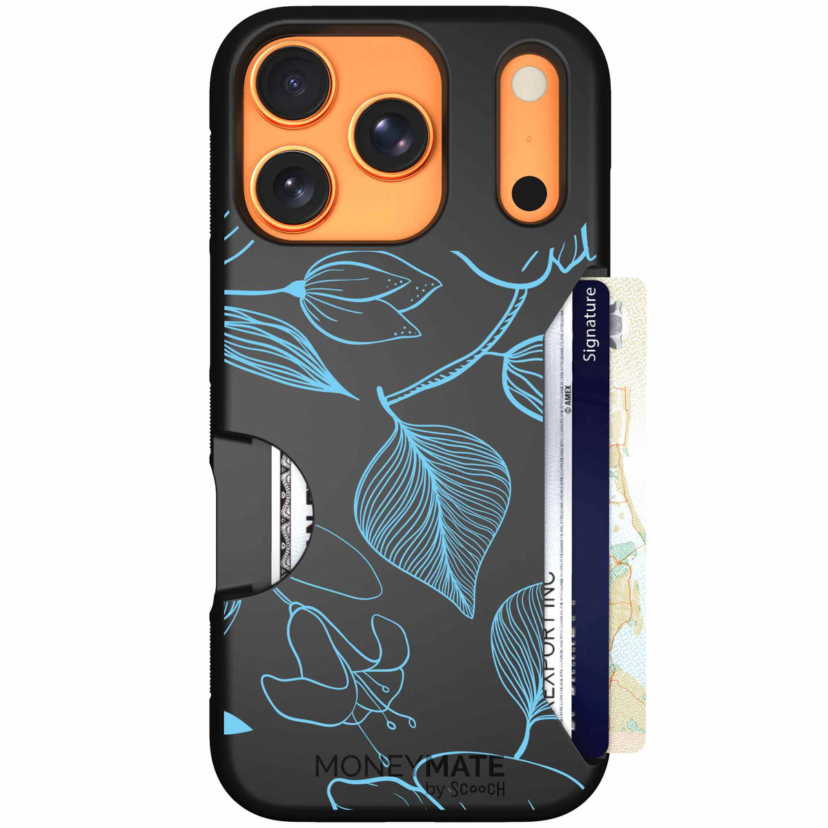 Blue Hibiscus cyan-blue tropical flower pattern on a charcoal Scooch Moneymate case for iPhone 17 Pro