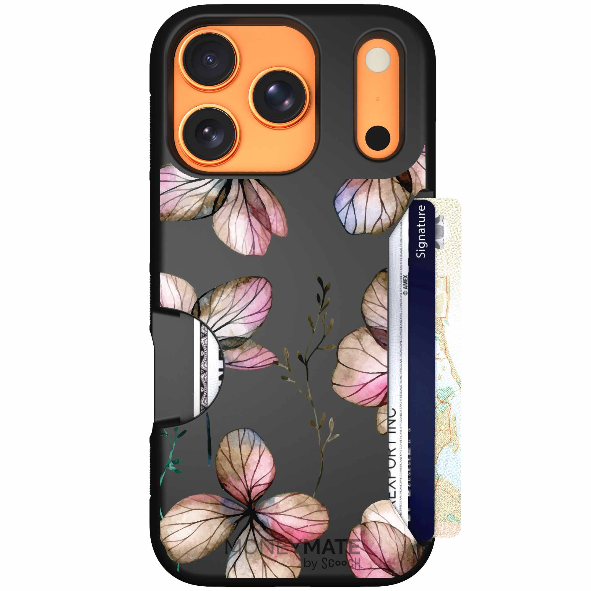 Dried Flowers blush mauve and cream floral pattern on a black Scooch Moneymate case for iPhone 17 Pro