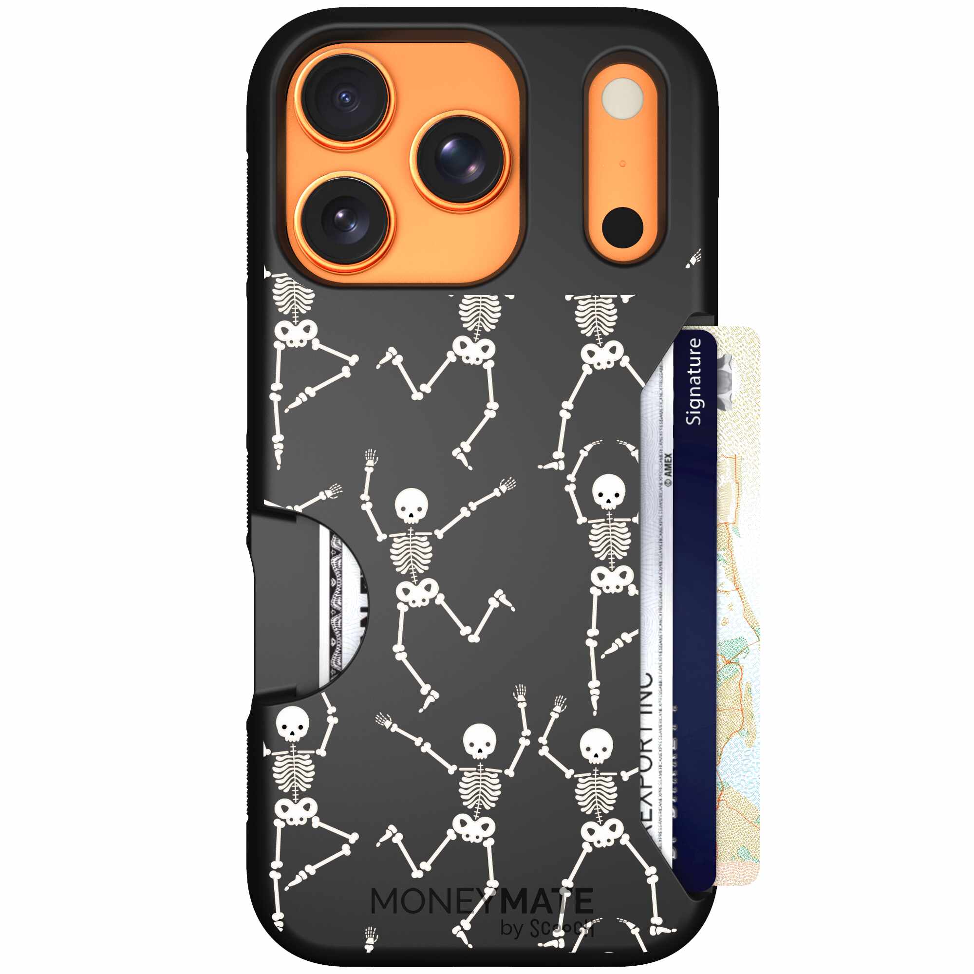 Swinging Skeletons white dancing skeleton pattern on a black Scooch Moneymate case for iPhone 17 Pro