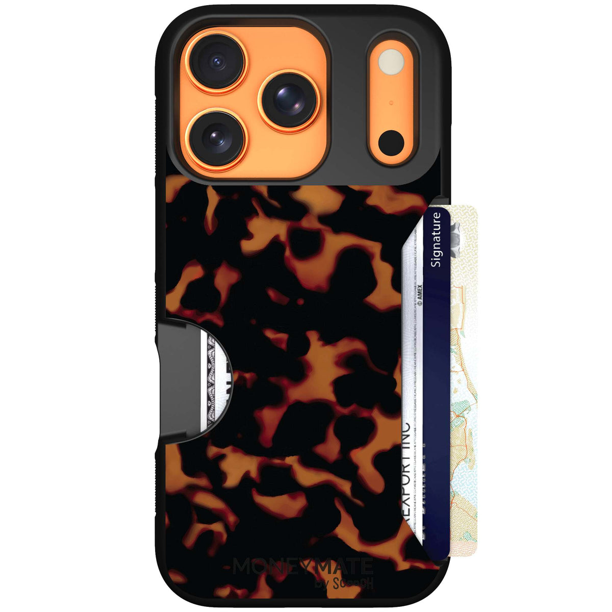 Tortoise Shell amber brown and black mottled pattern on a Scooch Moneymate case for iPhone 17 Pro