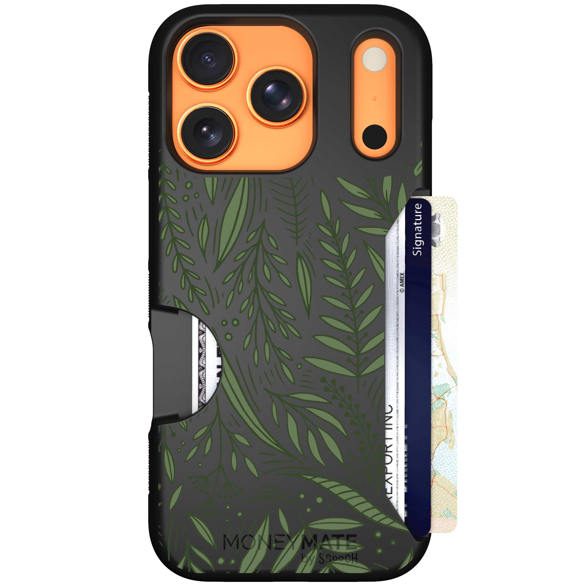 Willow Garden layered green leaves and branches on a charcoal Scooch Moneymate case for iPhone 17 Pro