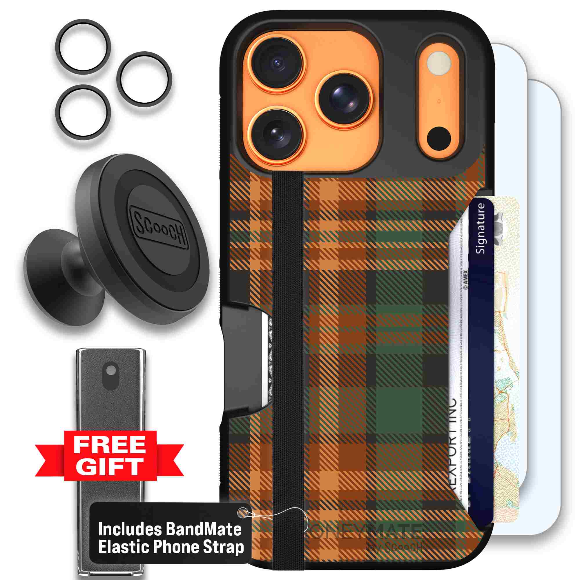 Fall Flannel orange and brown plaid pattern on a Scooch Moneymate case for iPhone 17 Pro - Defender Bundle