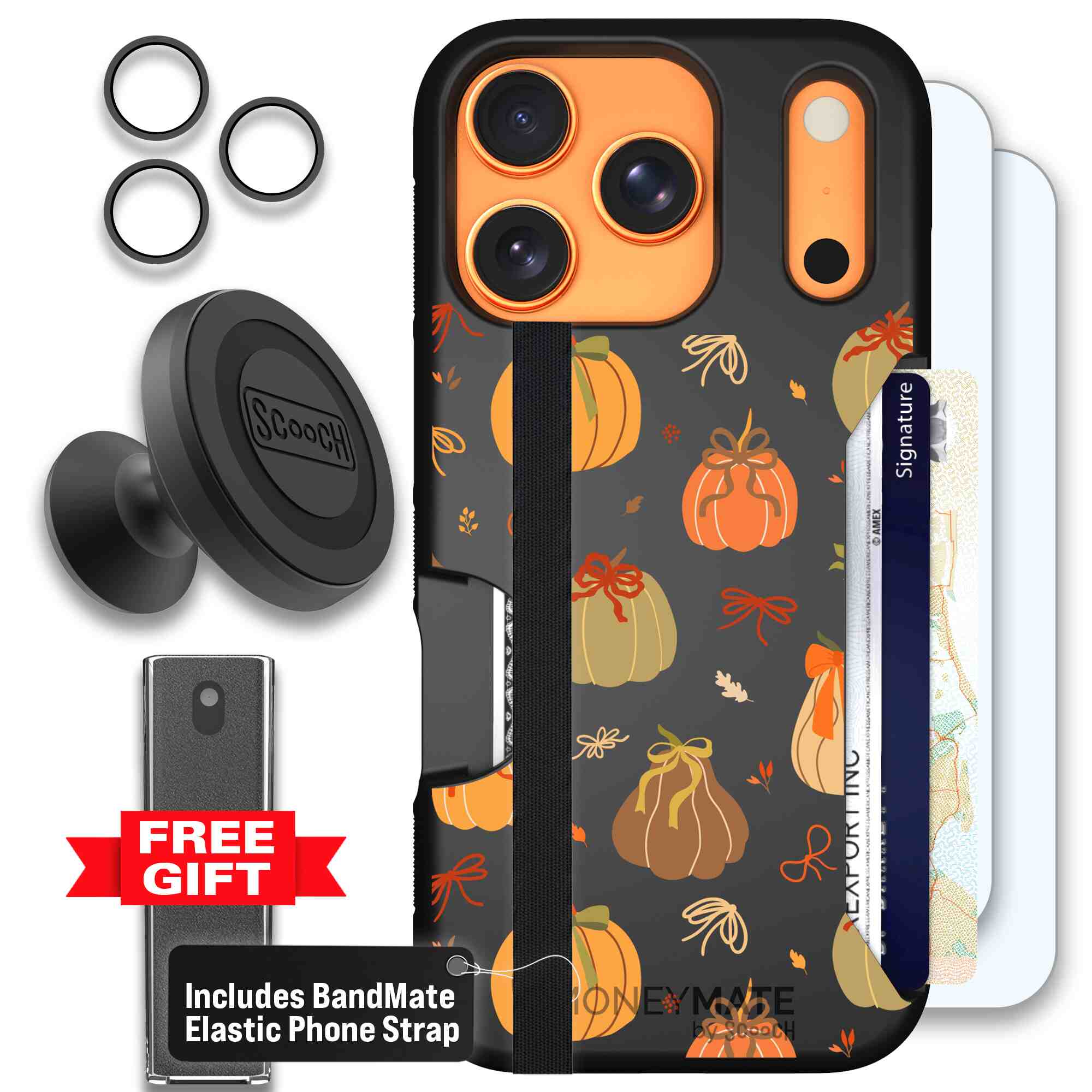 Pretty Pumpkins orange pumpkin and bow pattern on a Scooch Moneymate case for iPhone 17 Pro - Defender Bundle