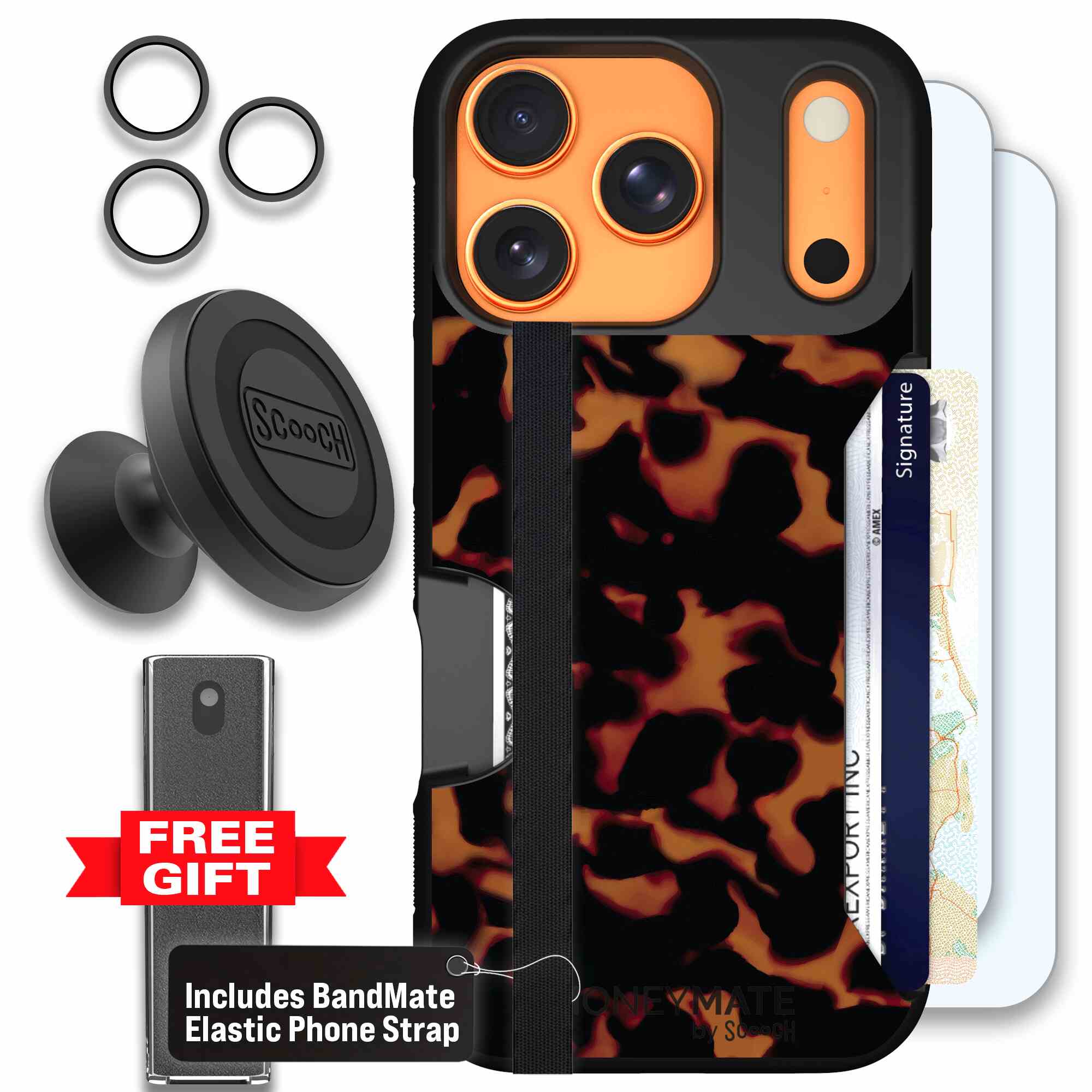 Tortoise Shell amber brown and black mottled pattern on a Scooch Moneymate case for iPhone 17 Pro - Defender Bundle