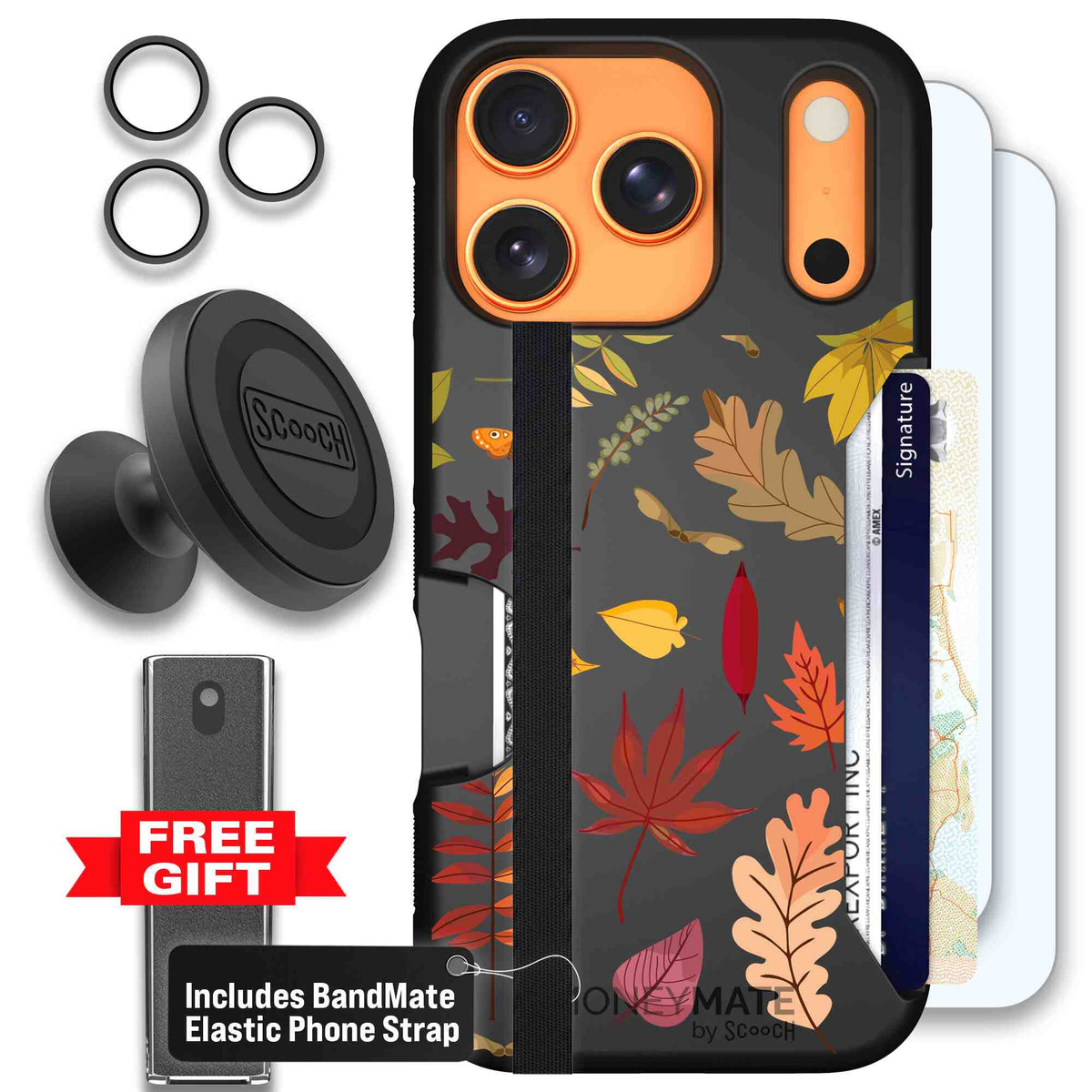 Autumn Leaves multicolored fall foliage pattern on a charcoal Scooch Moneymate case for iPhone 17 Pro - Defender Bundle