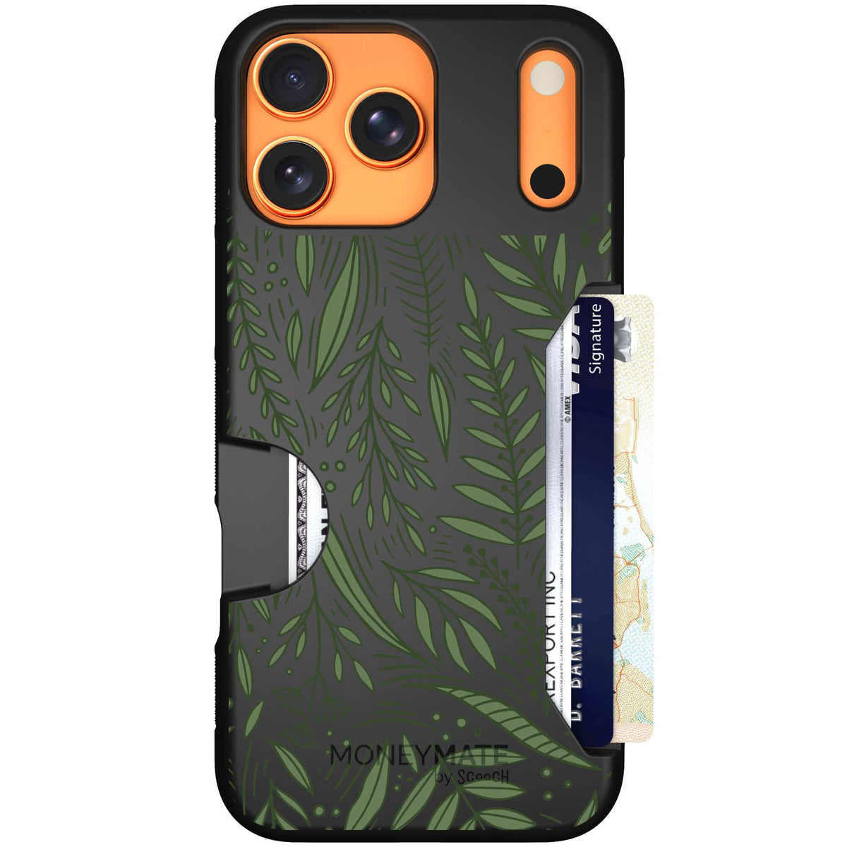 Willow Garden layered green leaves and branches on a charcoal Scooch Moneymate case for iPhone 17 Pro Max