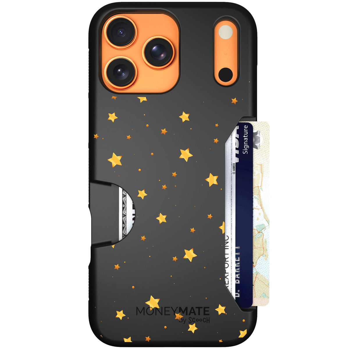 Gold Stars yellow and gold star pattern on a charcoal Scooch Moneymate case for iPhone 17 Pro Max