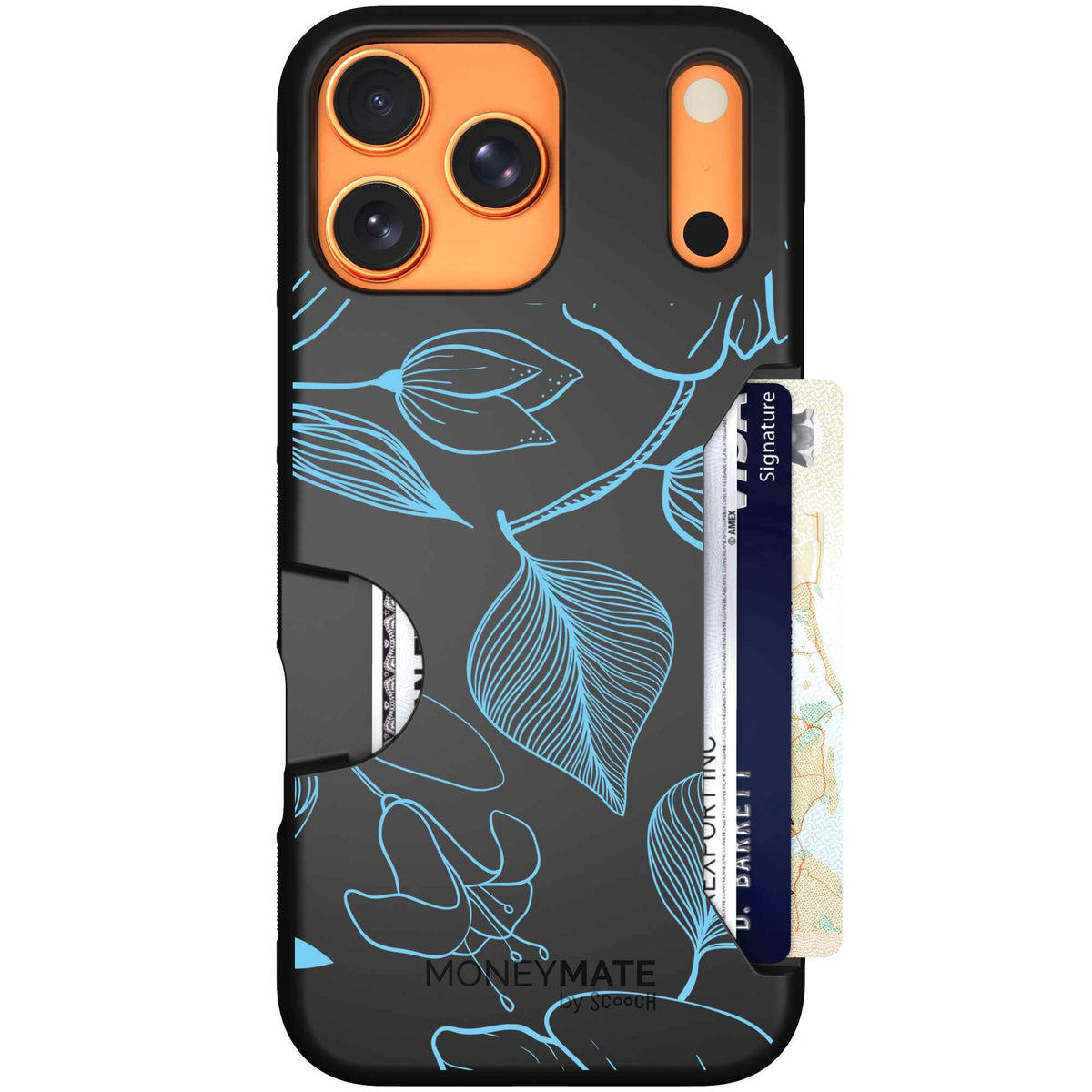 Blue Hibiscus cyan-blue tropical flower pattern on a charcoal Scooch Moneymate case for iPhone 17 Pro Max