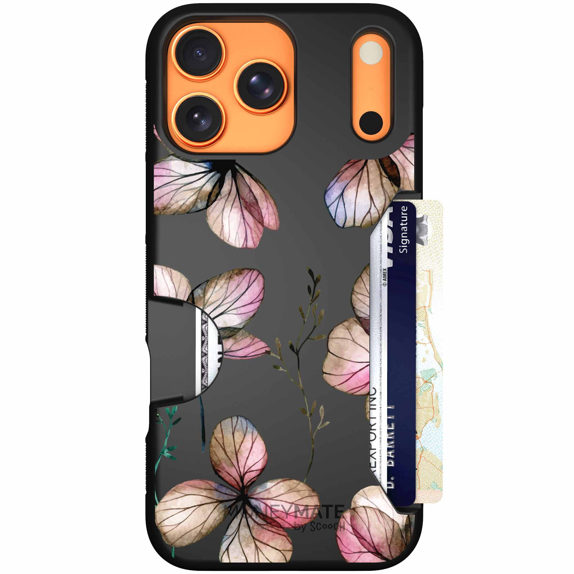 Dried Flowers blush mauve and cream floral pattern on a black Scooch Moneymate case for iPhone 17 Pro Max