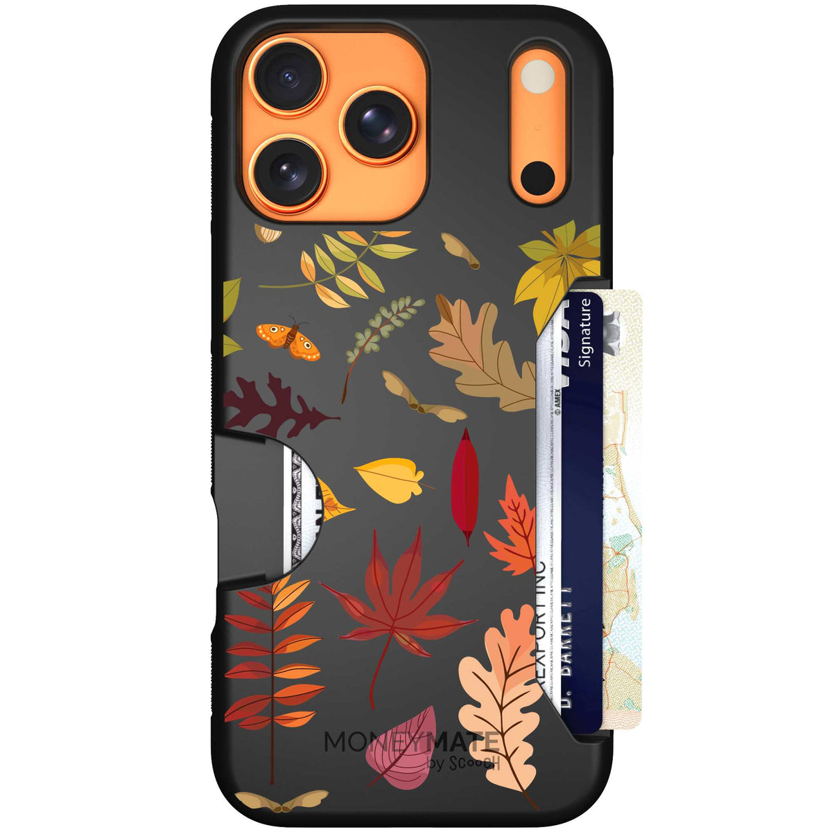 Autumn Leaves multicolored fall foliage pattern on a charcoal Scooch Moneymate case for iPhone 17 Pro Max