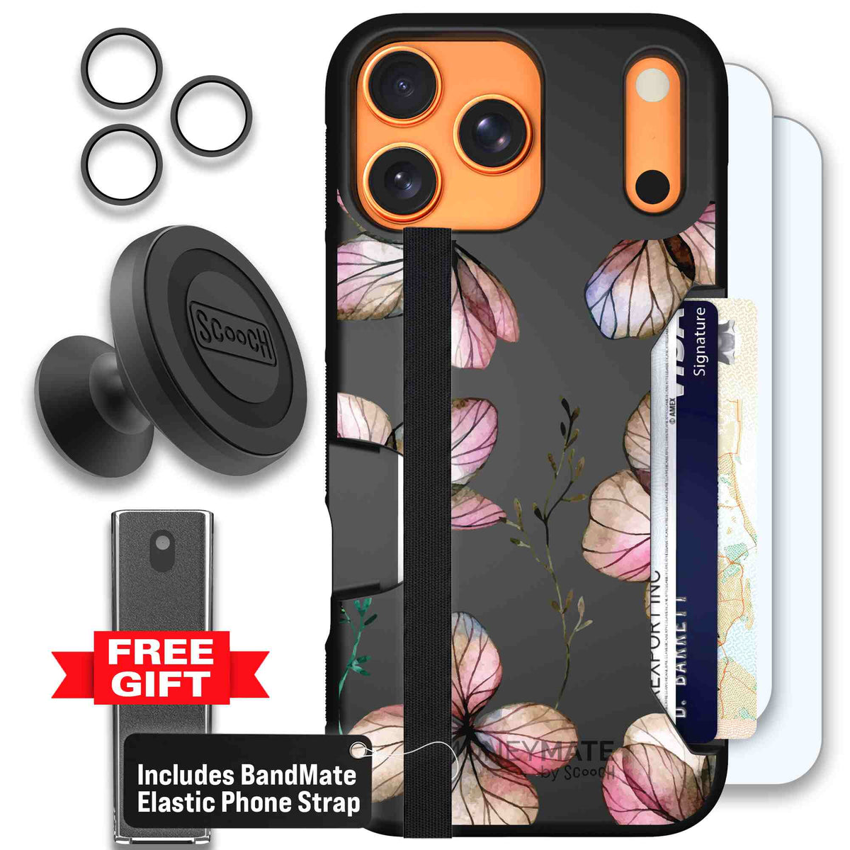Dried Flowers blush mauve and cream floral pattern on a black Scooch Moneymate case for iPhone 17 Pro Max - Defender Bundle