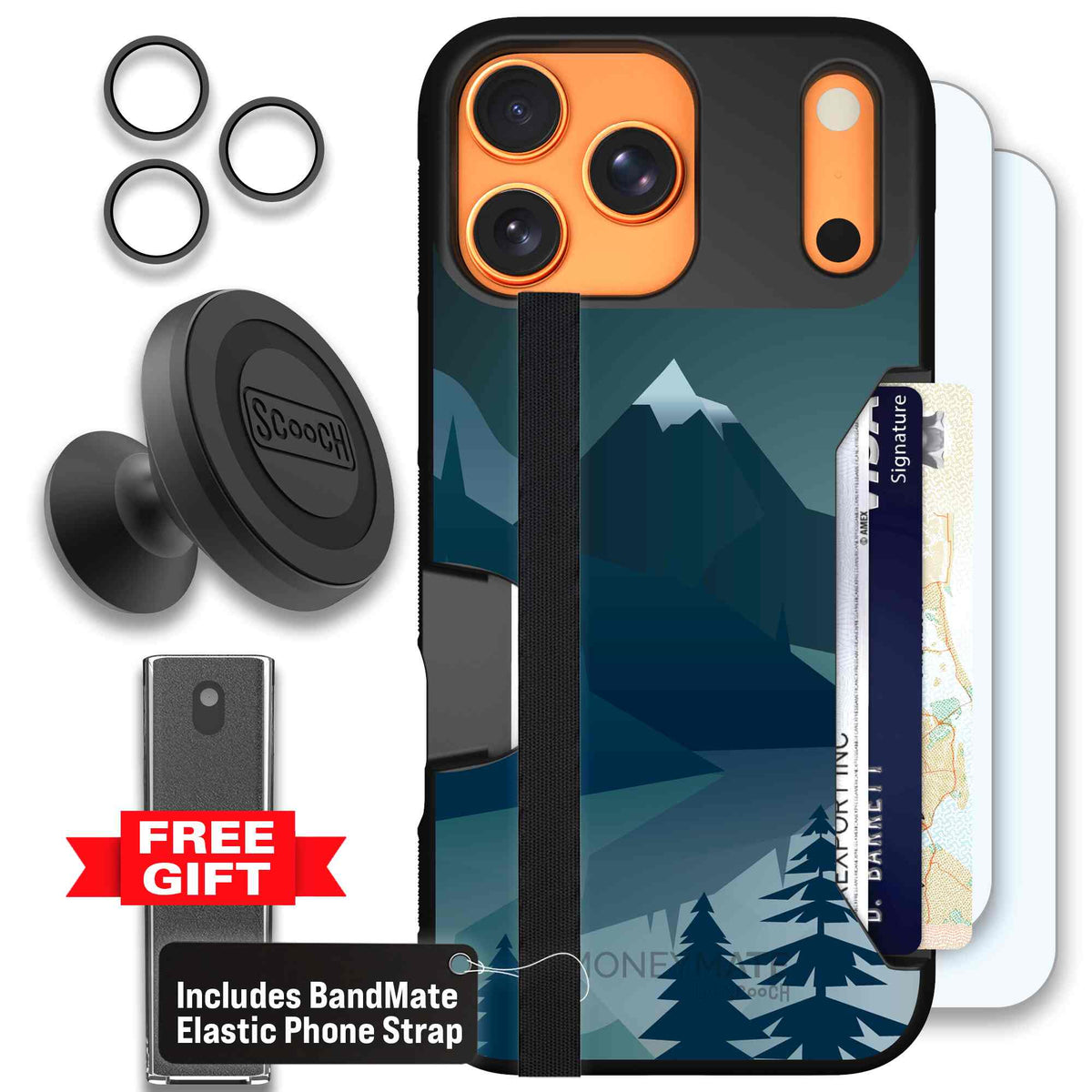 Midnight Ridge layered blue mountains and evergreen trees on a Scooch Moneymate case for iPhone 17 Pro Max - Defender Bundle