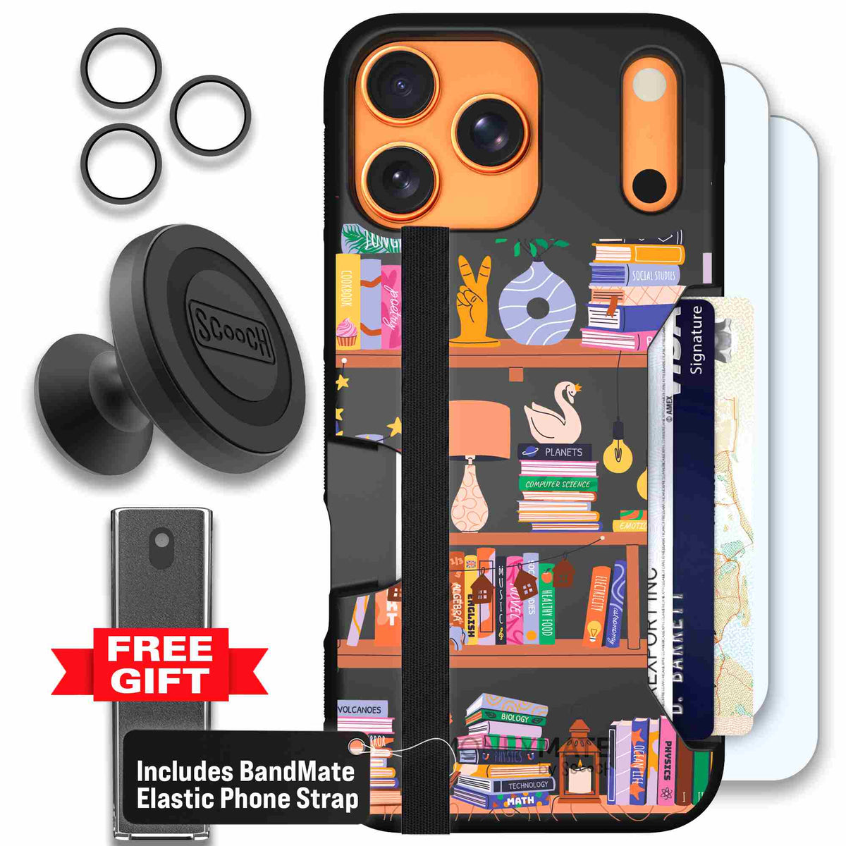 Little Library colorful book and bookshelf pattern on a Scooch Moneymate case for iPhone 17 Pro Max - Defender Bundle