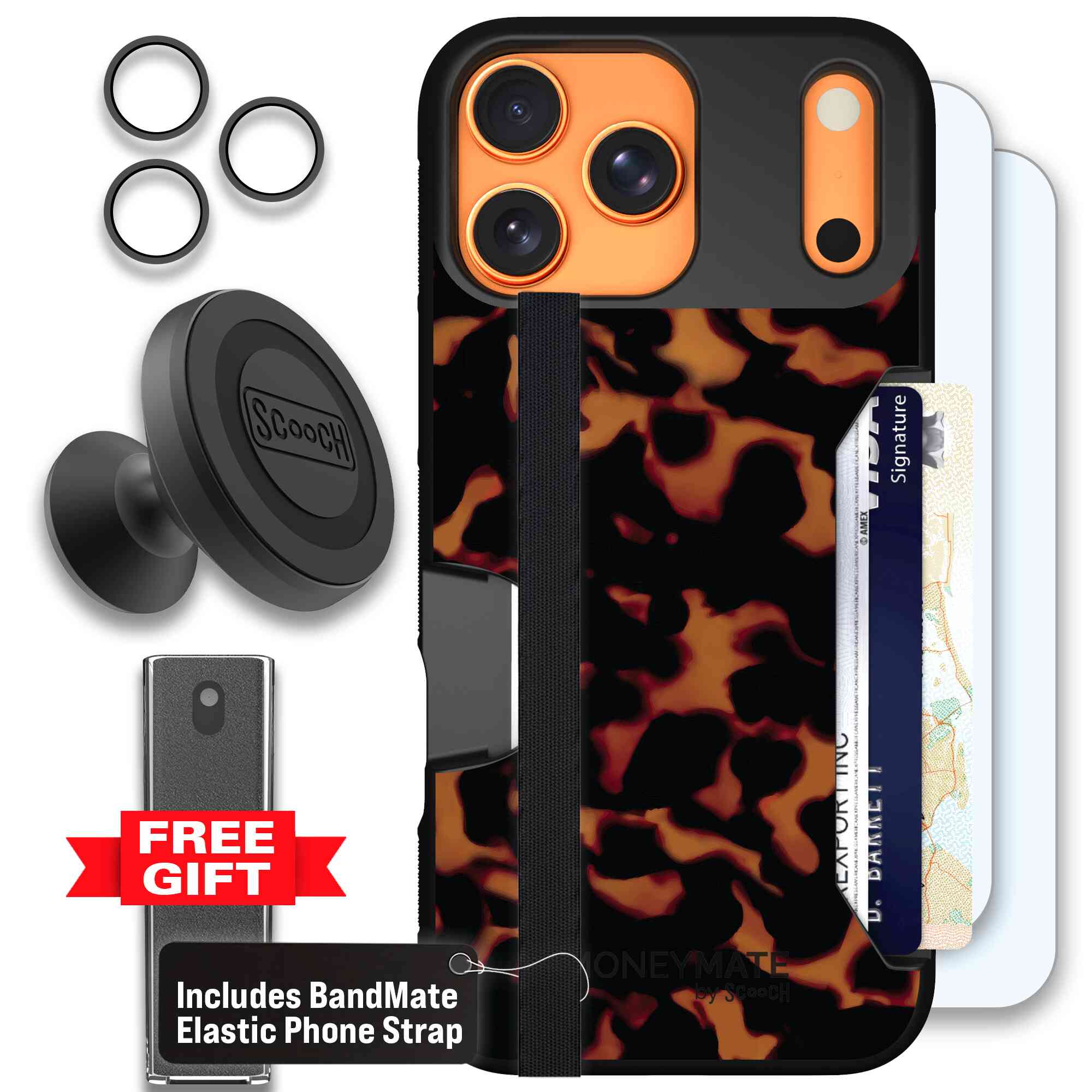 Tortoise Shell amber brown and black mottled pattern on a Scooch Moneymate case for iPhone 17 Pro Max - Defender Bundle