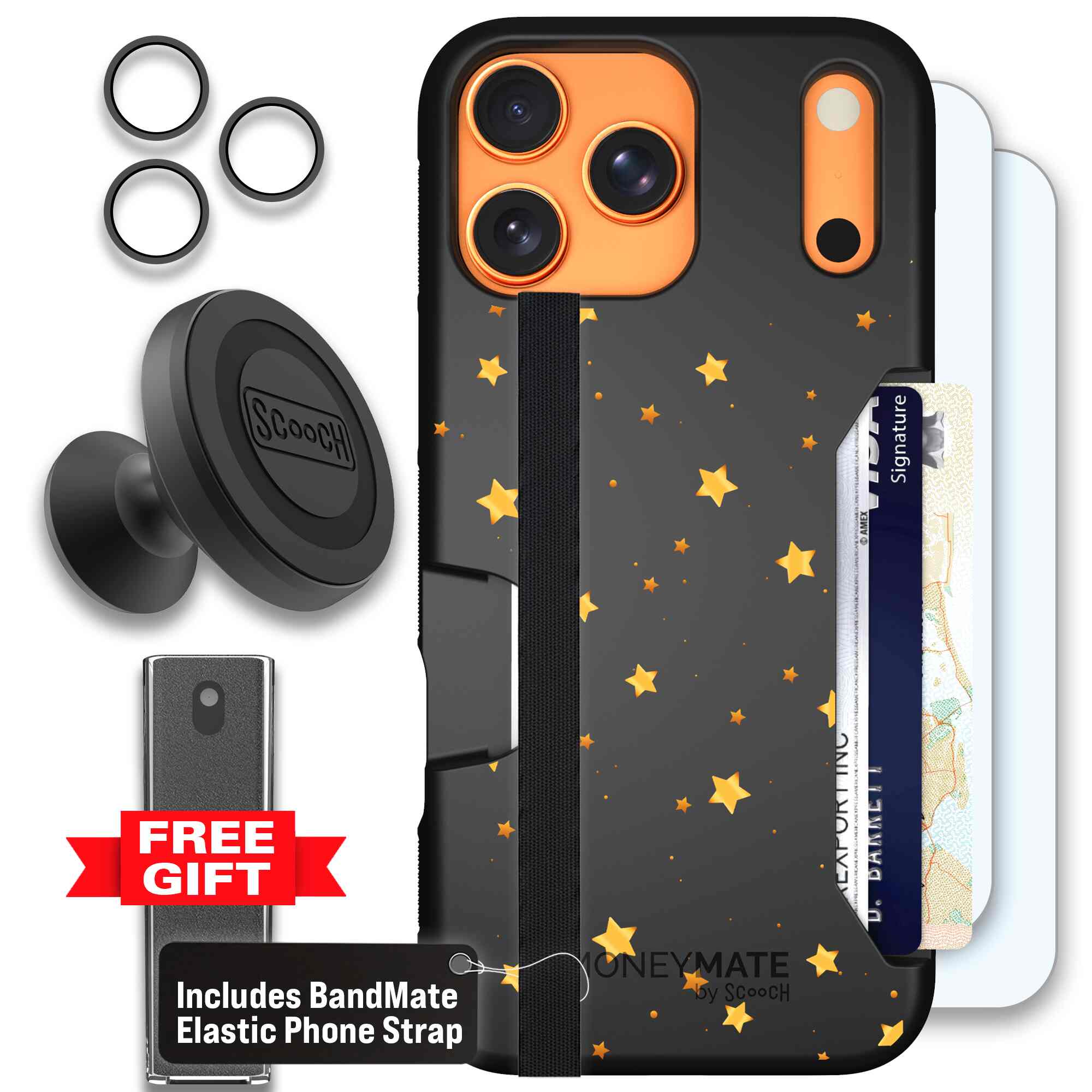 Gold Stars yellow and gold star pattern on a charcoal Scooch Moneymate case for iPhone 17 Pro Max - Defender Bundle