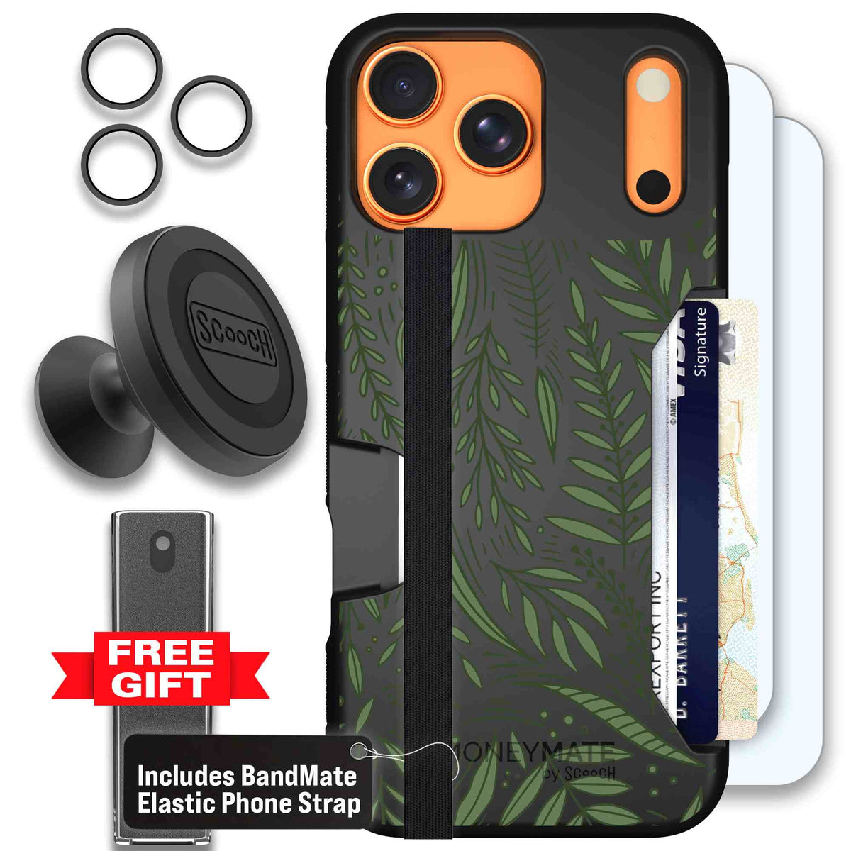 Willow Garden layered green leaves and branches on a charcoal Scooch Moneymate case for iPhone 17 Pro Max - Defender Bundle